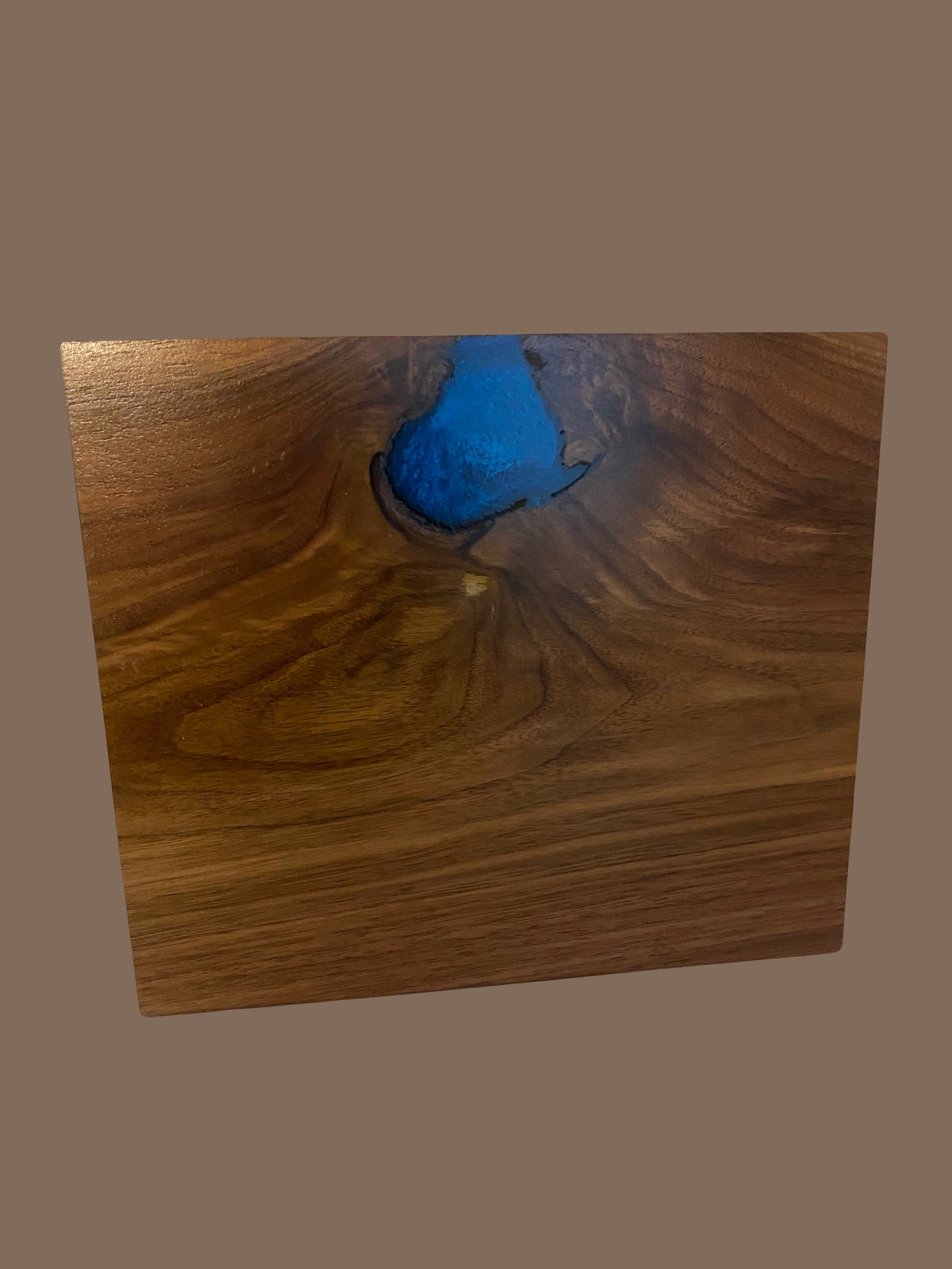 Minimalist Cremation Urn-Black Walnut, blue epoxy, imperfect, knotty, for ashes, up to 365pounds