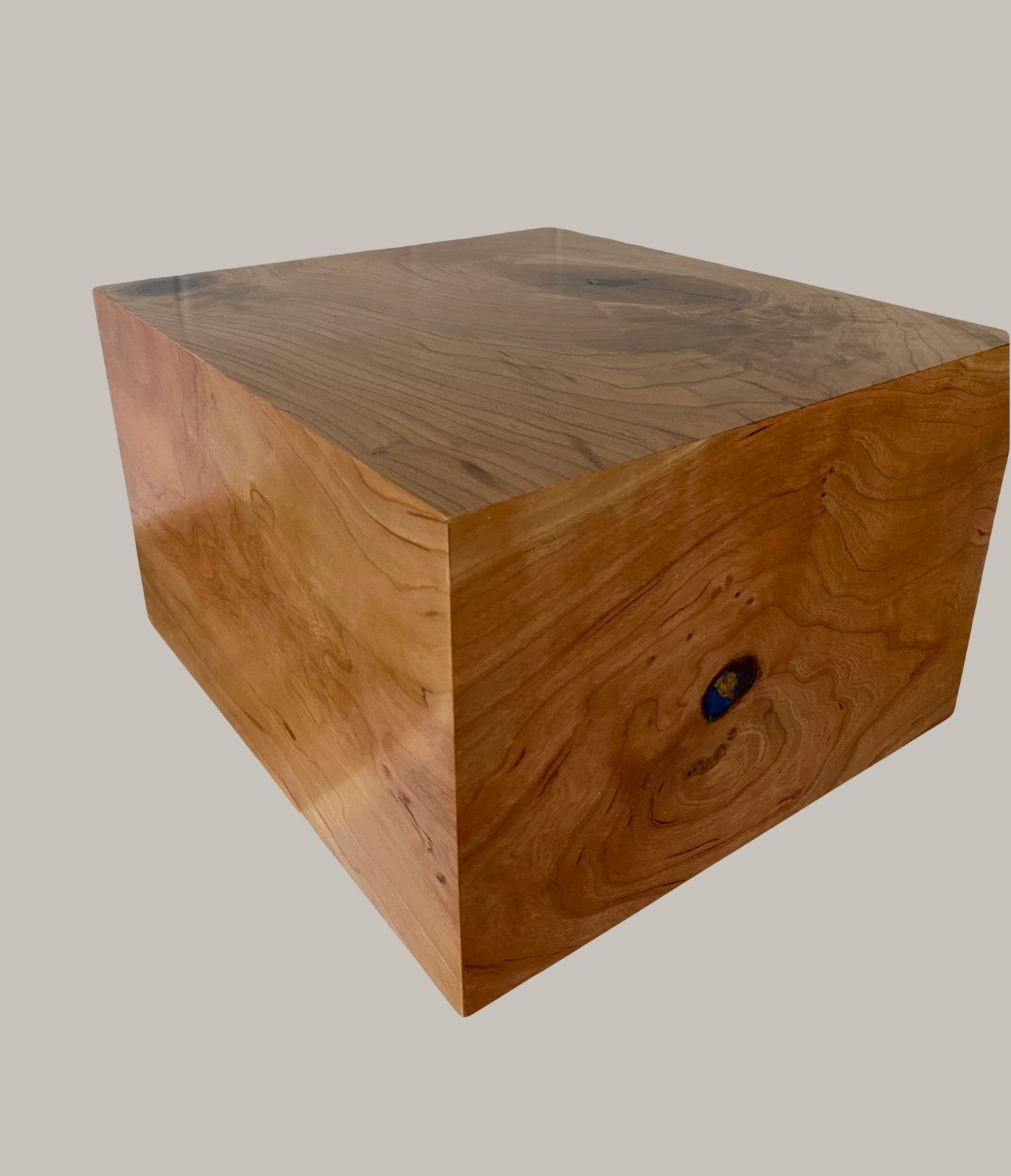 Minimalist Cremation Urn-Aged Cherry, black and blue epoxy, marbled imperfect wood, for Adult Human Ashes, up to 400 pounds