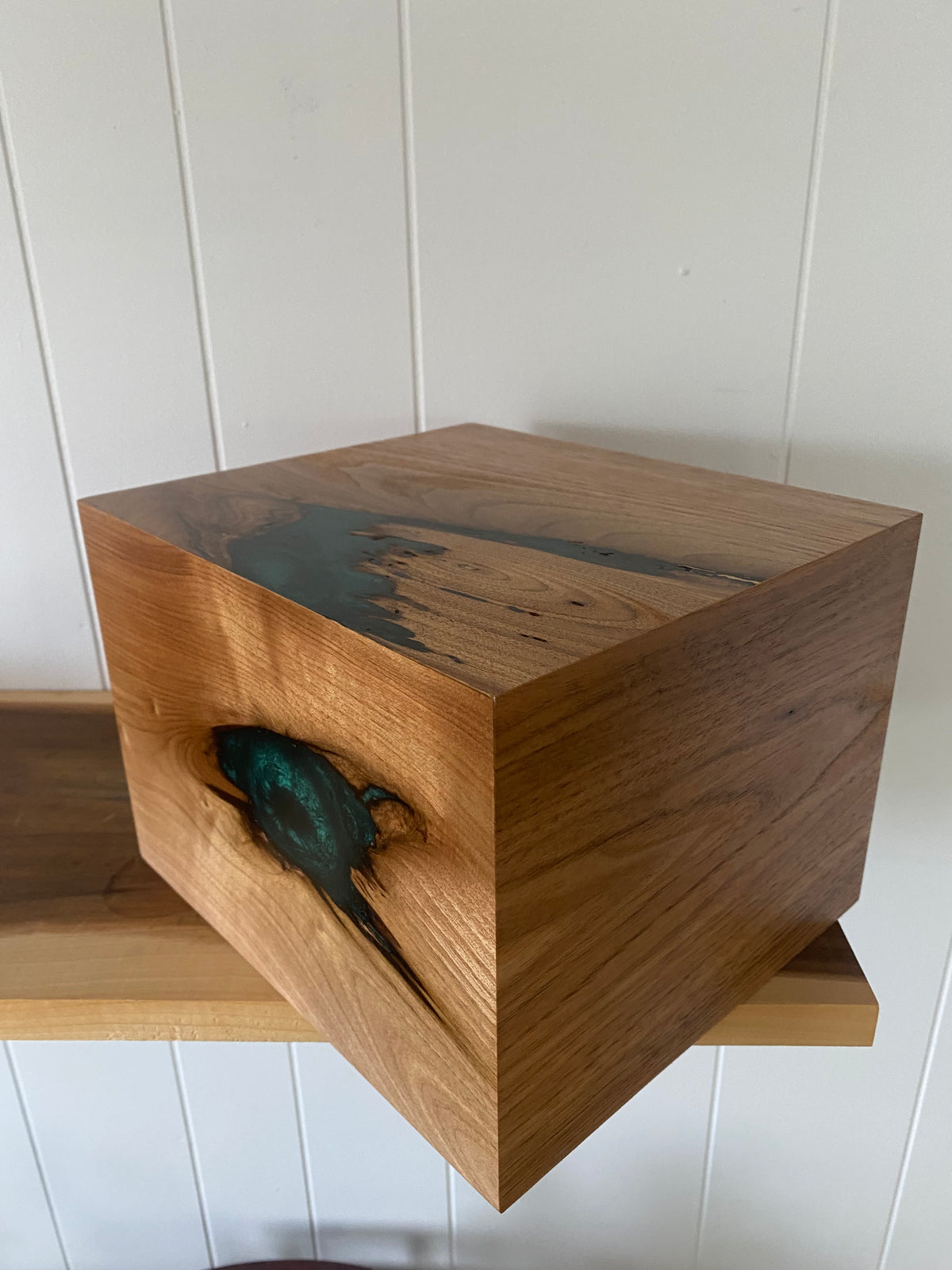 Minimalist Cremation Urn-Butternut, green epoxy for Adult Human Ashes, up to 300 pounds