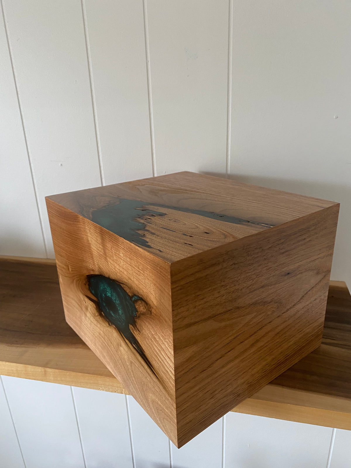 Minimalist Cremation Urn-Butternut, green epoxy for Adult Human Ashes, up to 300 pounds