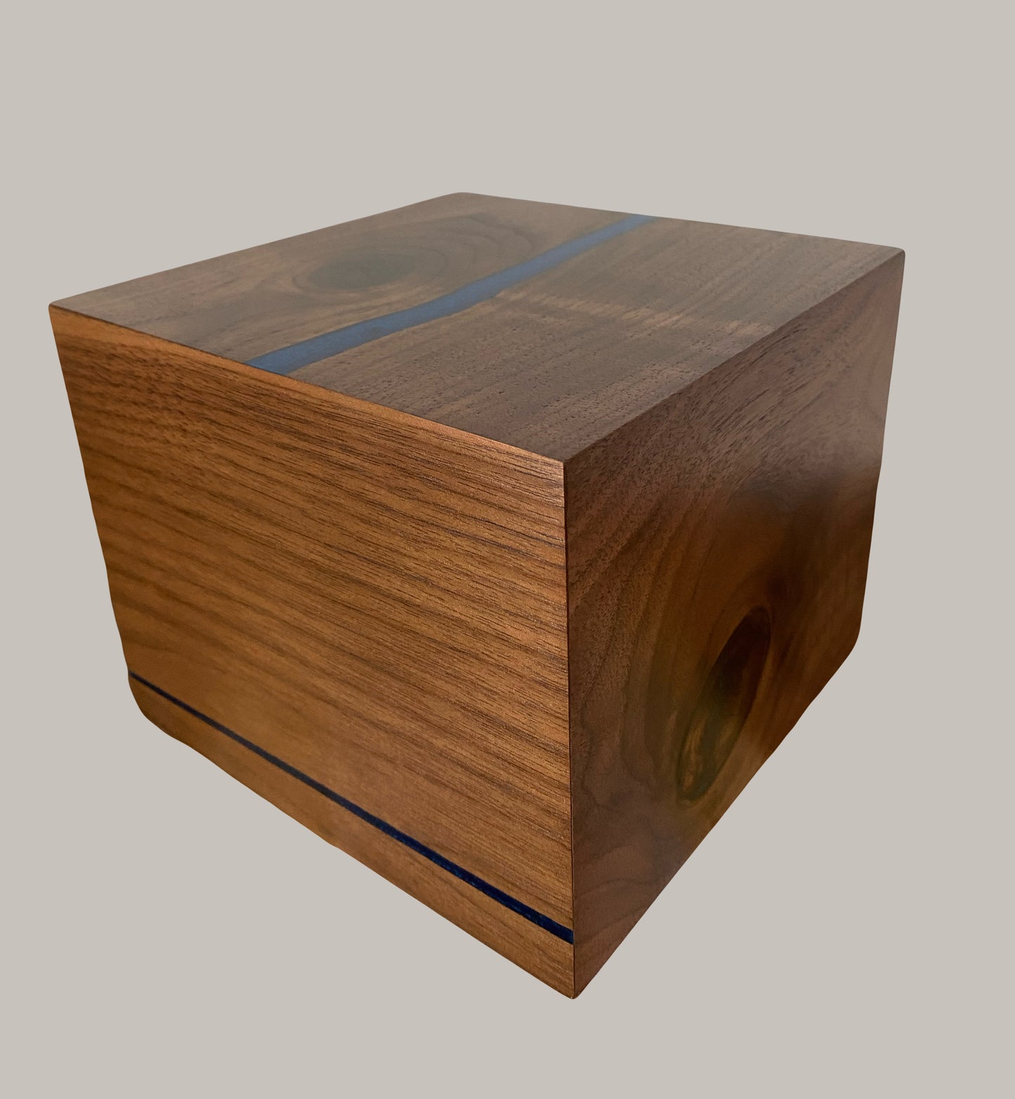 Handcrafted Cremation Urn-Black Walnut, blue and green epoxy, marbled imperfect wood, for Adult Human Ashes, up to 110 pounds