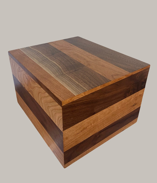 Minimalist Cremation Urn-Black Walnut and Swirly Cherry, for Adult Human Ashes, up to 280 pounds