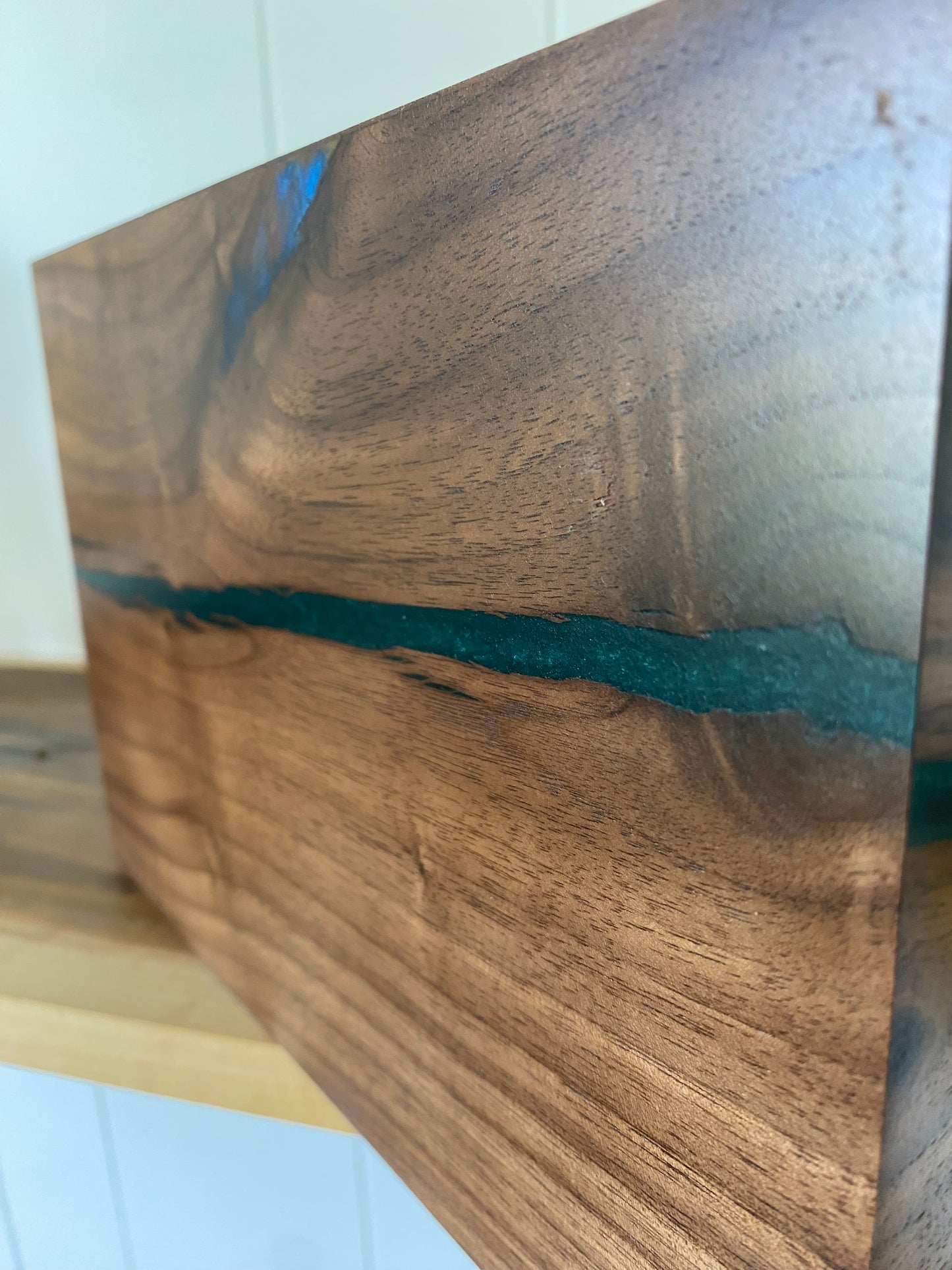 Minimalist Cremation Urn-Black Walnut, green and blue epoxy, imperfect wood, for Adult Human Ashes, up to 280 pounds