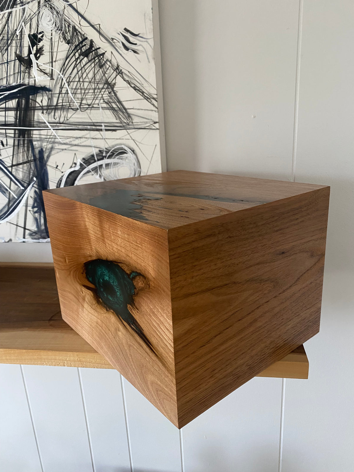 Minimalist Cremation Urn-Butternut, green epoxy for Adult Human Ashes, up to 300 pounds