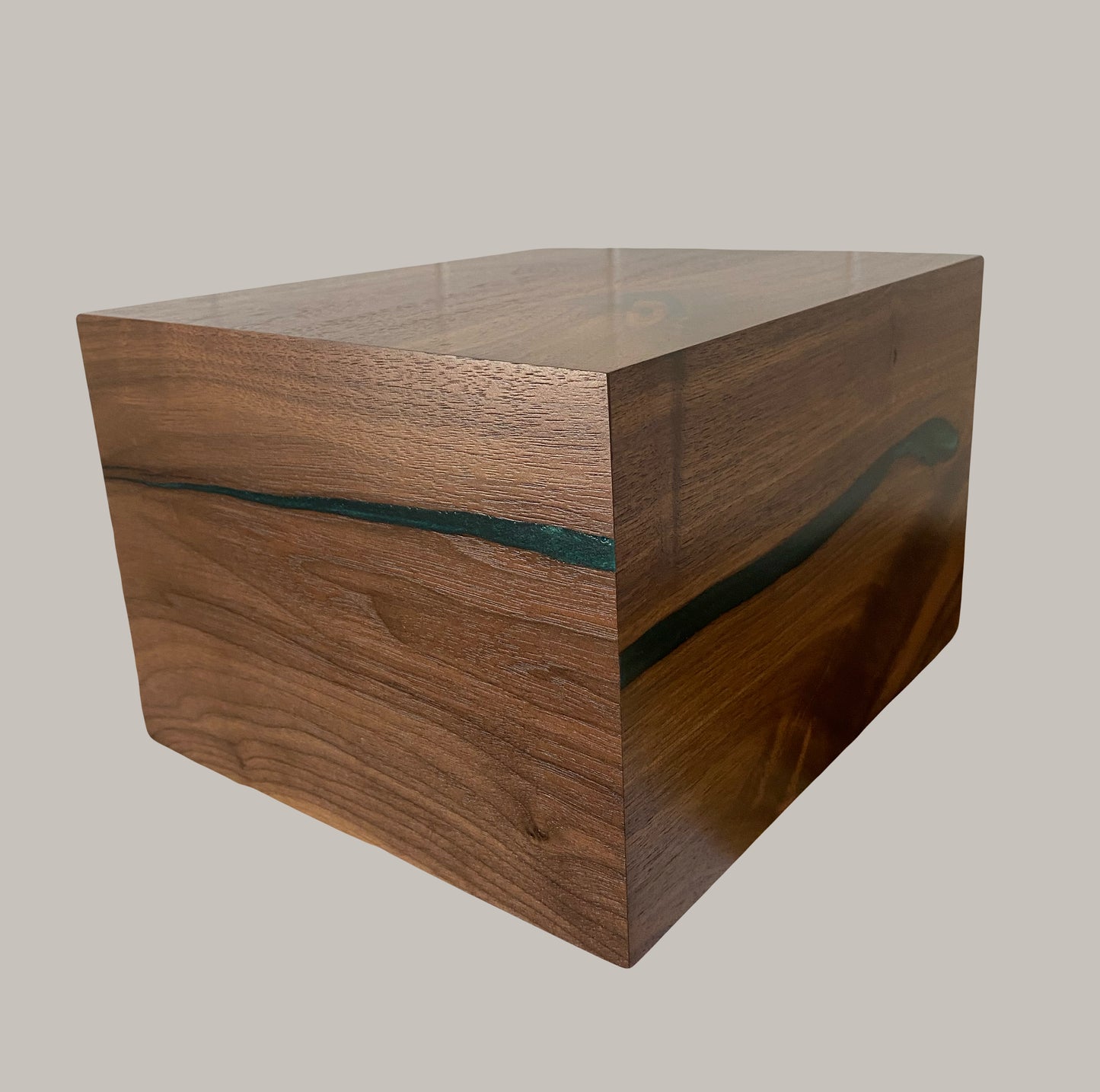 Minimalist Cremation Urn-Black Walnut, blue and green epoxy for Adult Human Ashes, up to 280pounds