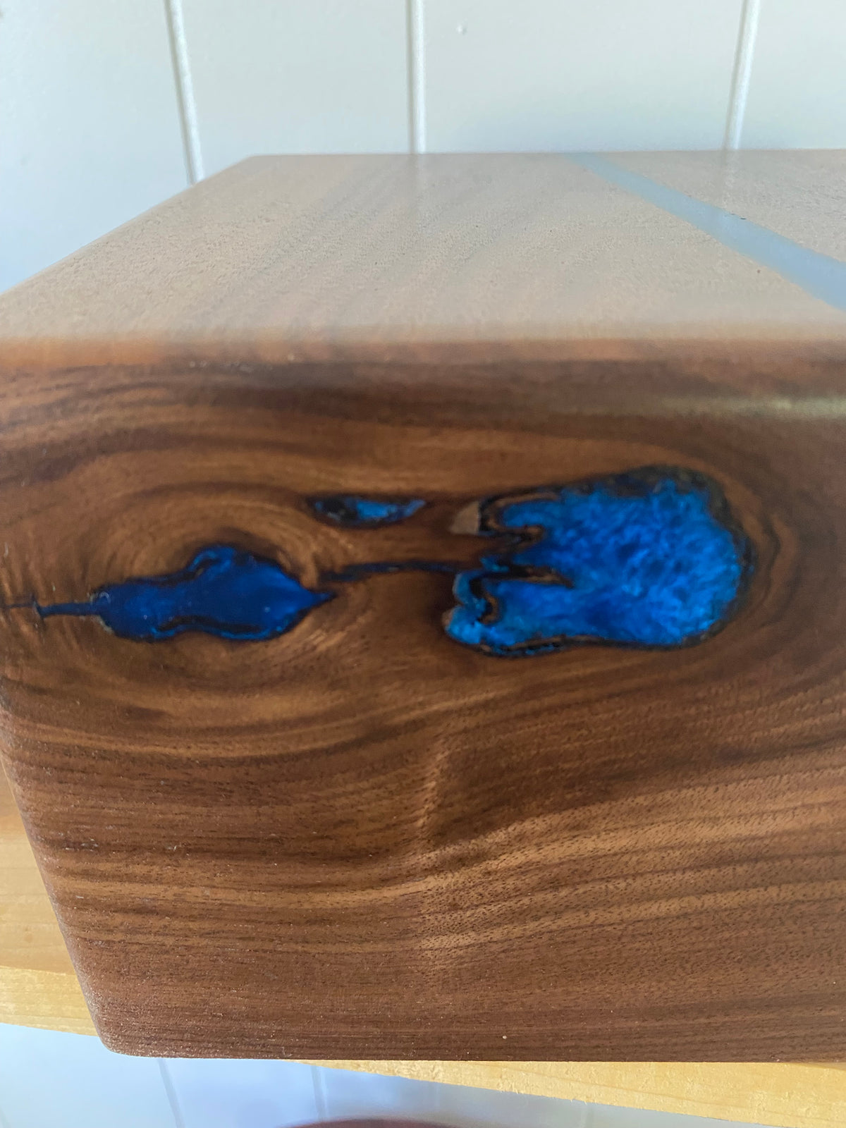 Minimalist Cremation Urn-Black, Walnut with blue epoxy for Adult Human Ashes, up to 200 pounds