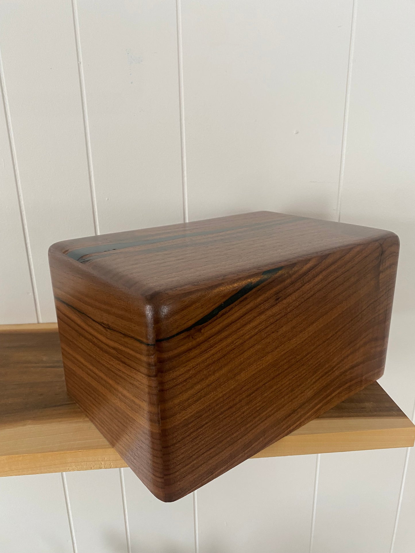 Minimalist Cremation Urn-Black Walnut, green epoxy, imperfect wood, for Adult Human Ashes, up to 250 pounds