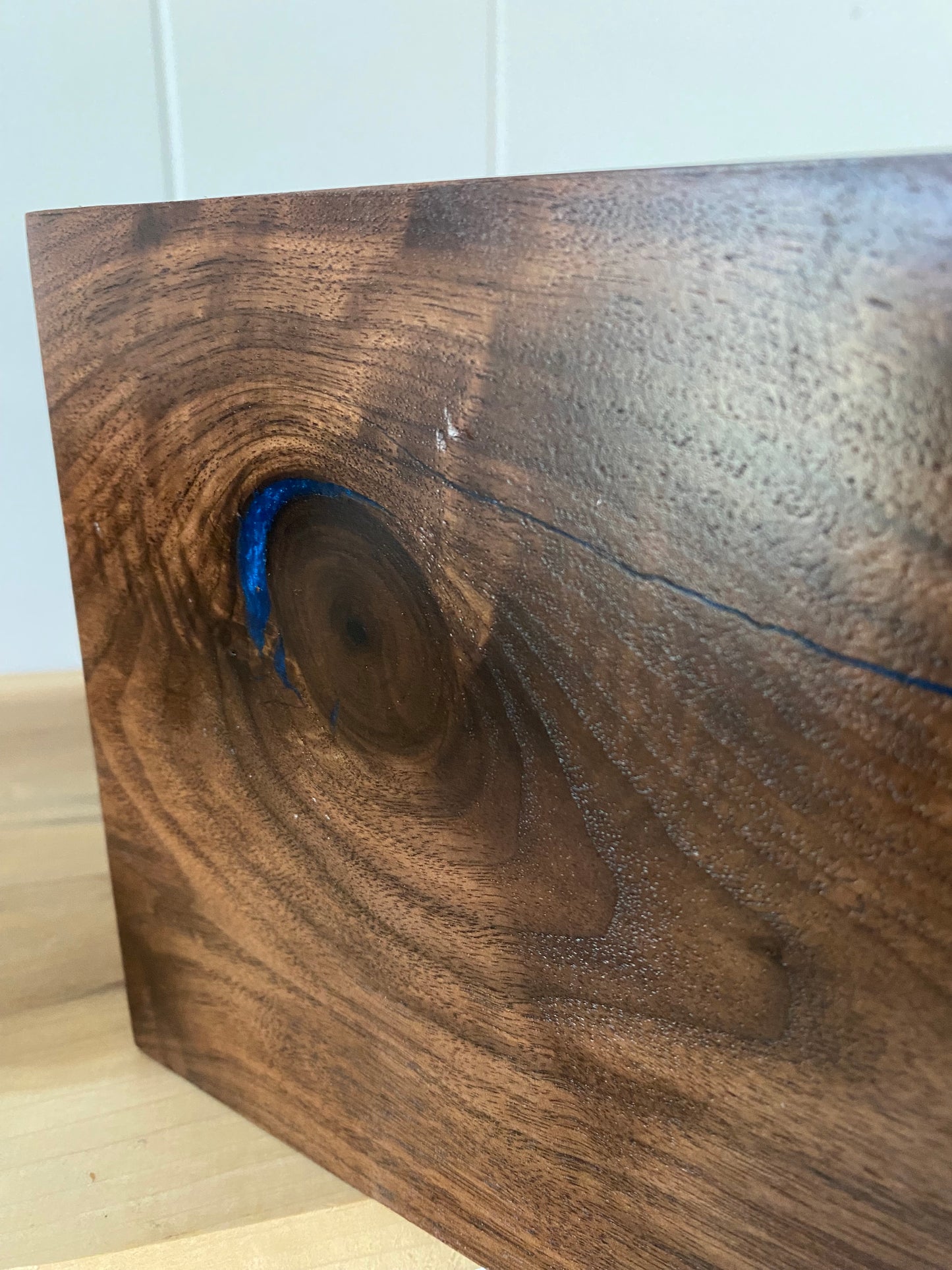 Minimalist Cremation Urn-Black Walnut, blue epoxy, marbled imperfect wood, for Adult Human Ashes, up to 300 pounds