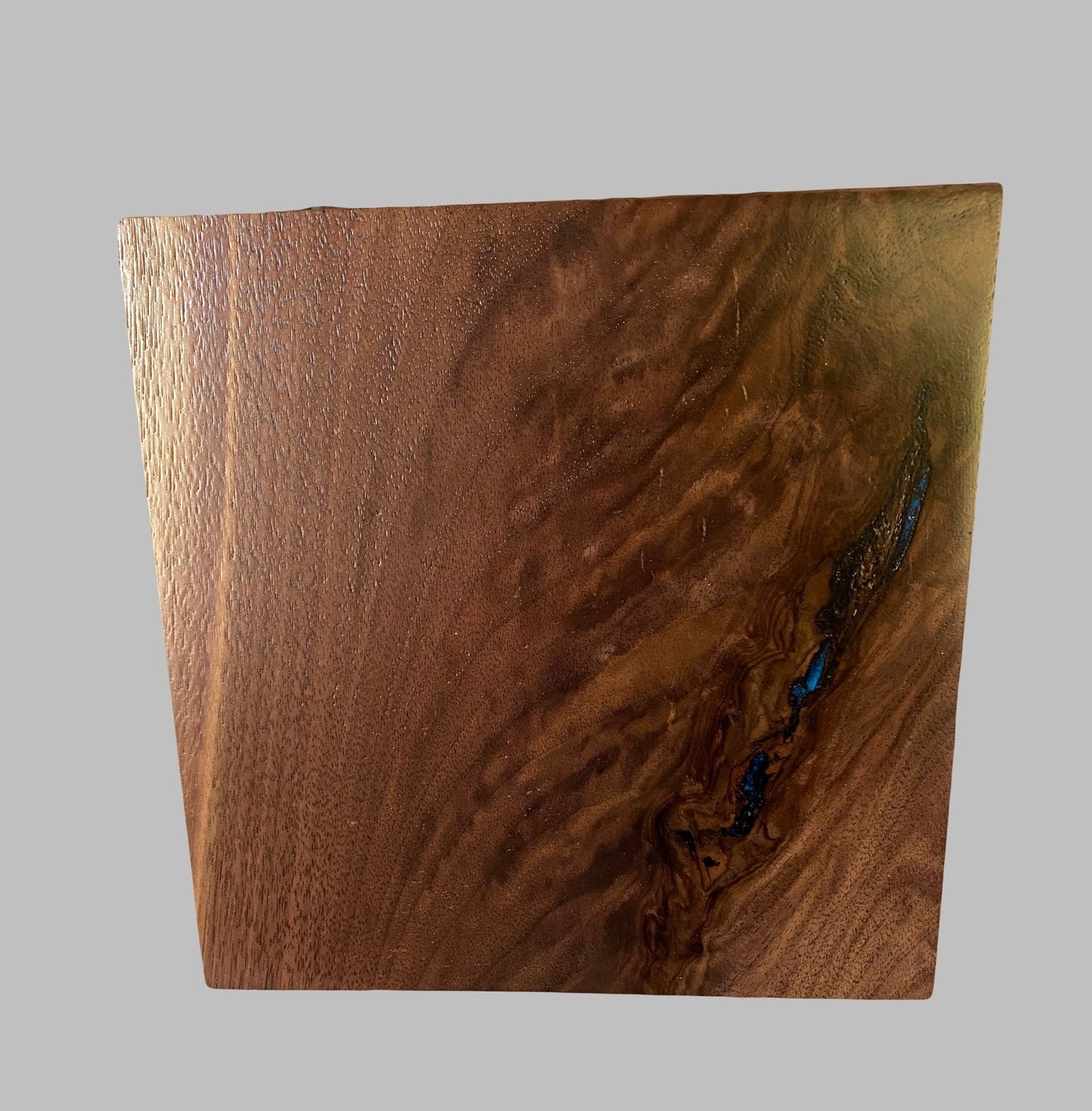 Minimalist Cremation Urn-Black Walnut, blue epoxy, marbled imperfect wood, for Adult Human Ashes, up to 215 pounds