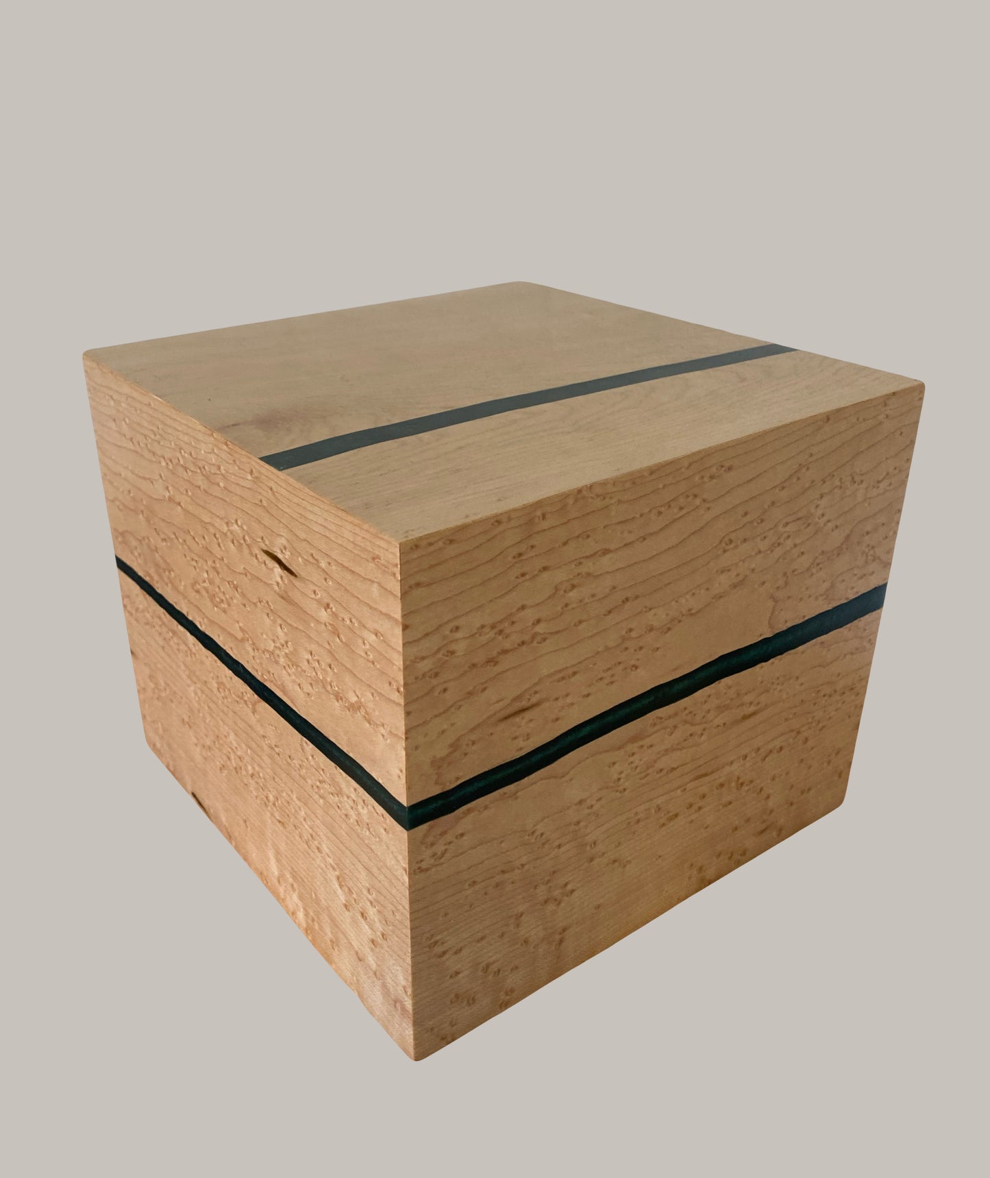 Minimalist Cremation Urn-Birdseye maple, green epoxy, imperfect wood, for Adult Human Ashes, up to 135 pounds