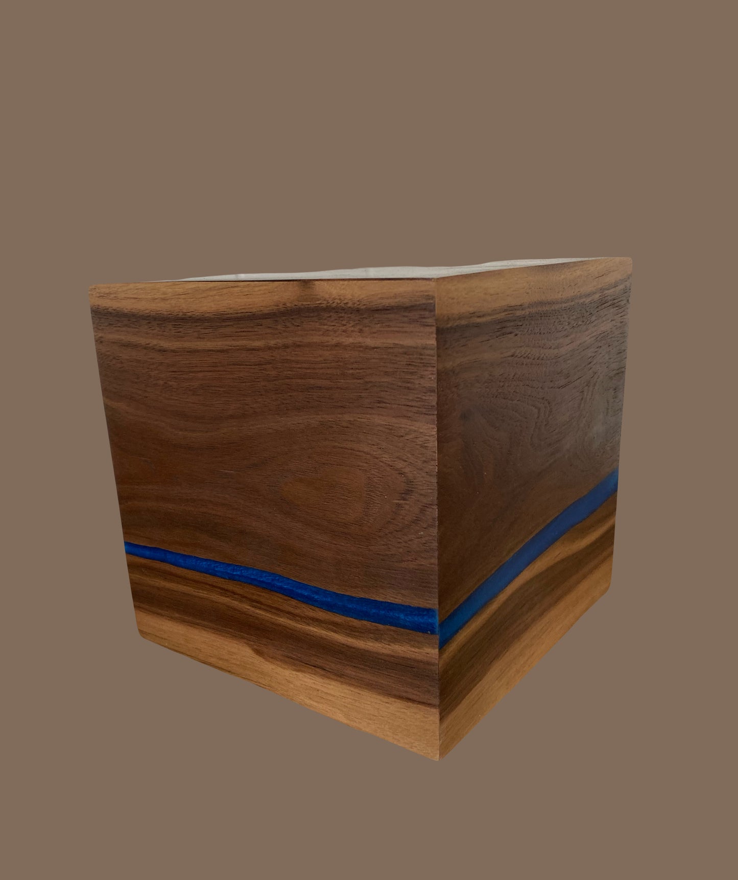 Cube Cremation Urn-Black Walnut marbled, black epoxy, imperfect, knotty for Ashes, up to 165 pounds