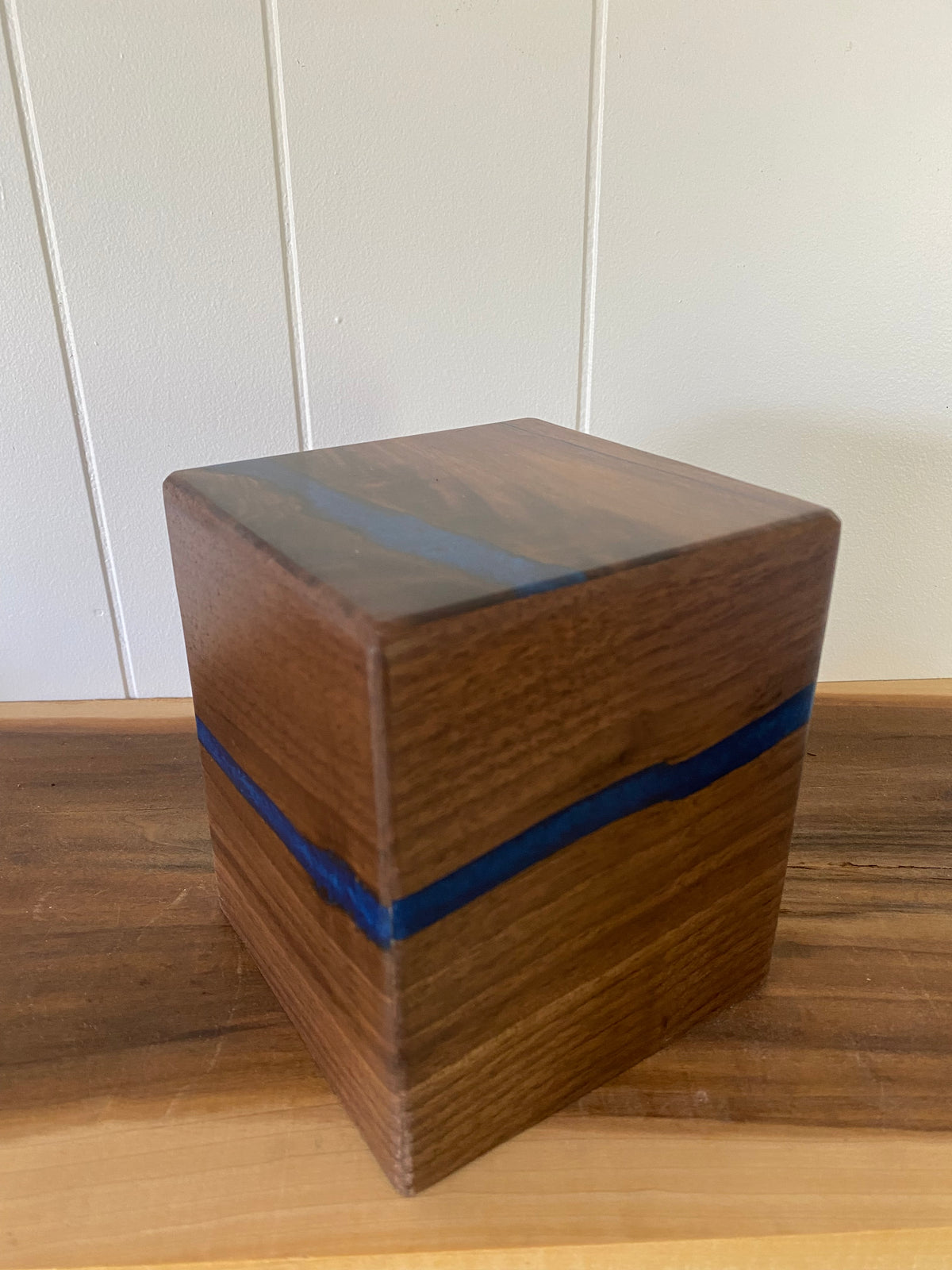 Minimalist Cremation Urn-Black Walnut, blue epoxy for Adult Human Ashes, up to 50 pounds