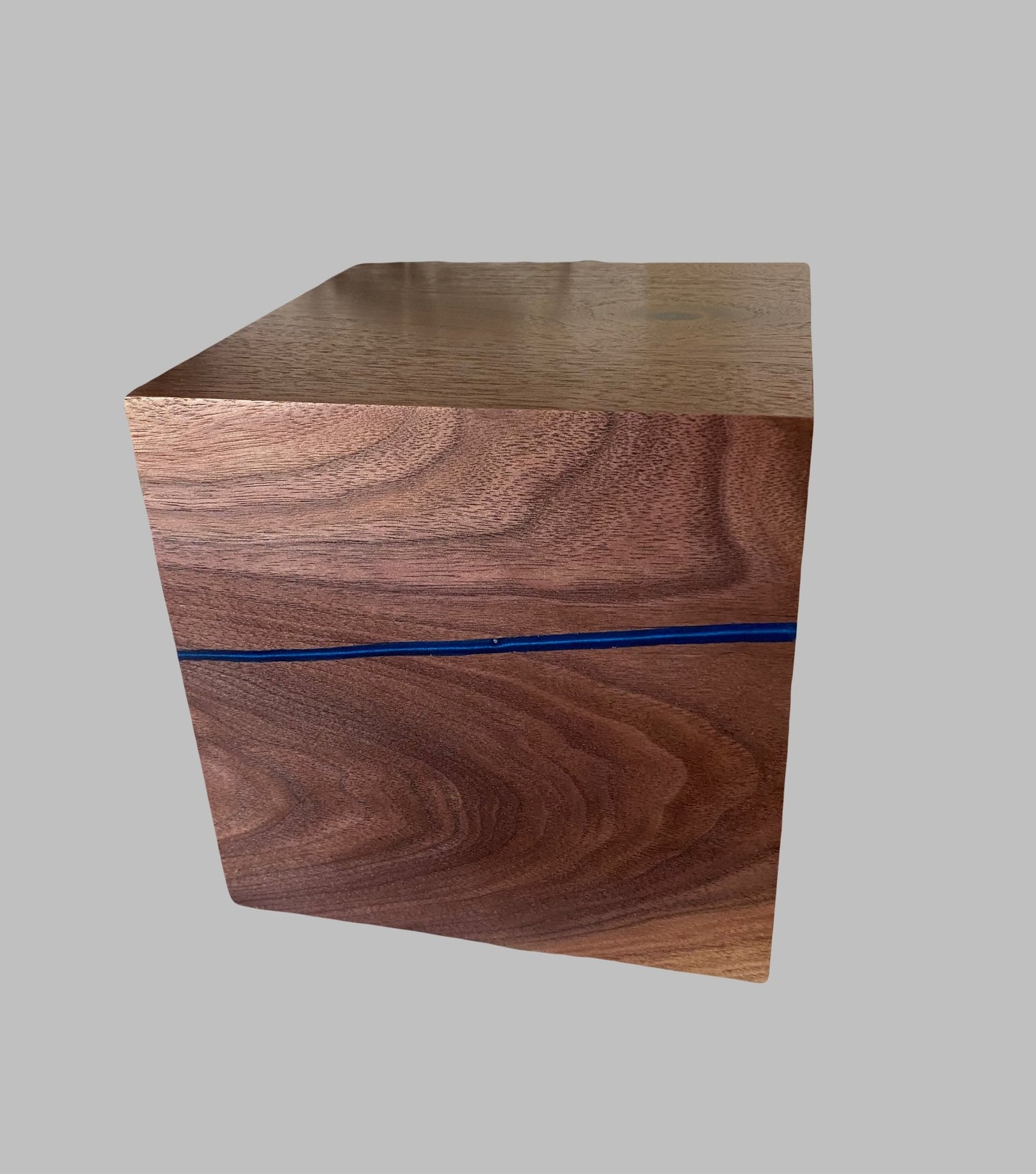 Minimalist Cremation Urn-Black Walnut, blue epoxy, marbled imperfect wood, for Adult Human Ashes, up to 215 pounds