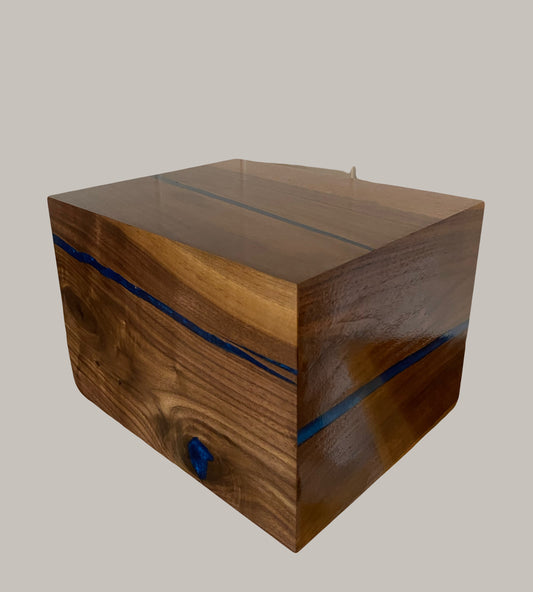 Minimalist Cremation Urn-Black Walnut, blue epoxy, bicolored imperfect wood, for Adult Human Ashes, up to 300 pounds