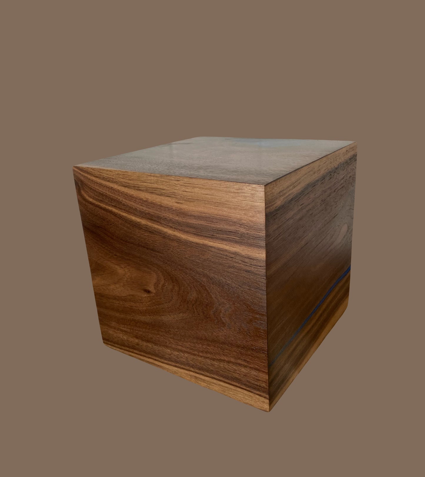 Cube Cremation Urn-Black Walnut marbled, black epoxy, imperfect, knotty for Ashes, up to 165 pounds