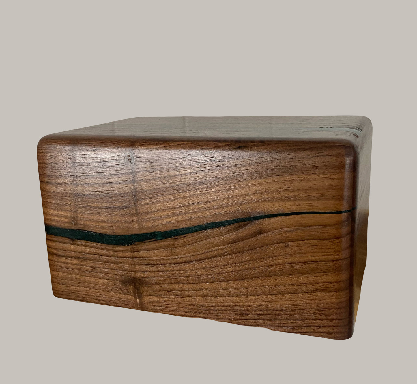 Minimalist Cremation Urn-Black Walnut, green epoxy, imperfect wood, for Adult Human Ashes, up to 250 pounds