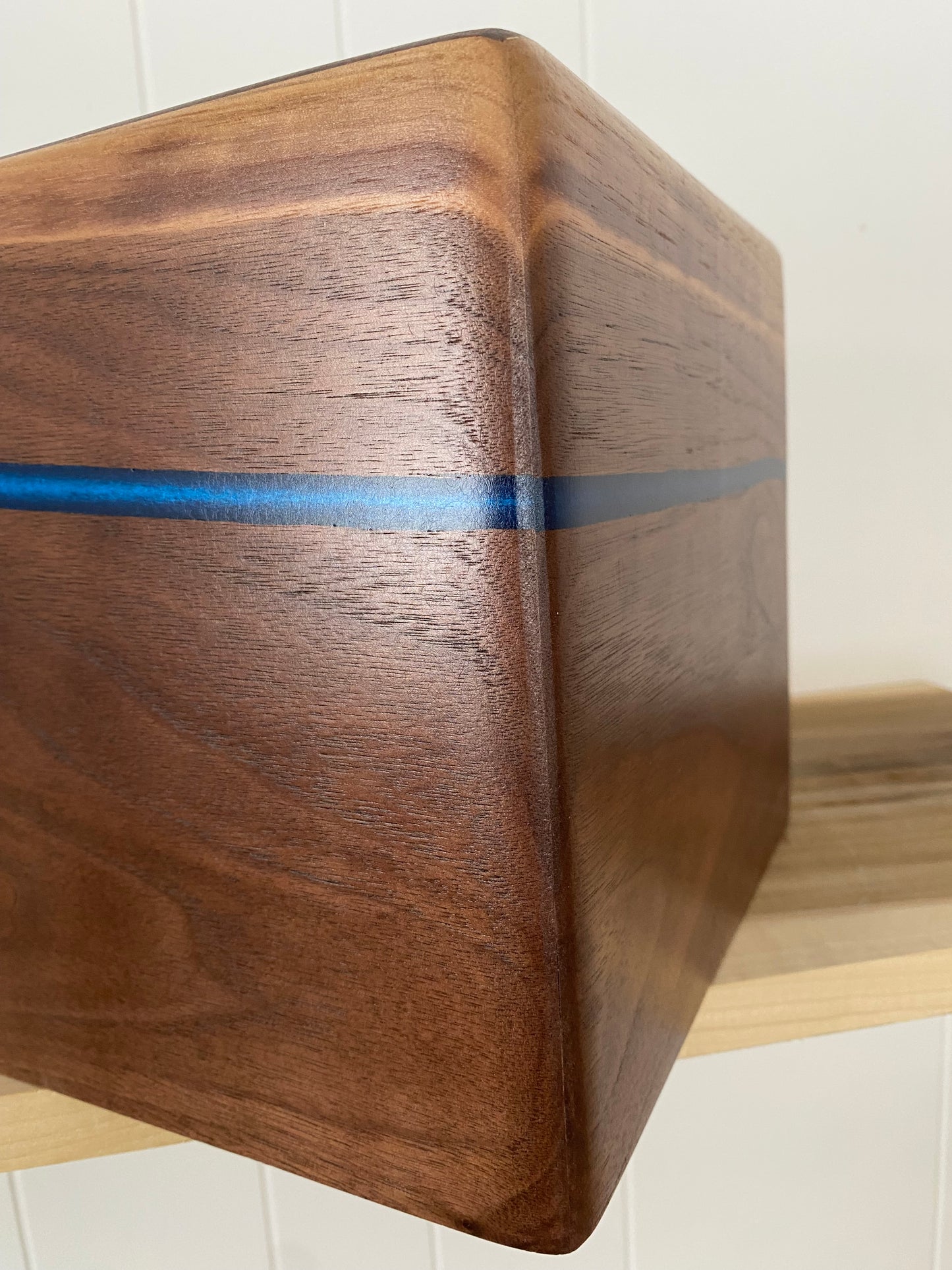 Minimalist Cremation Urn-Black Walnut, blue epoxy, imperfect, bicolored for ashes, up to 365 pounds