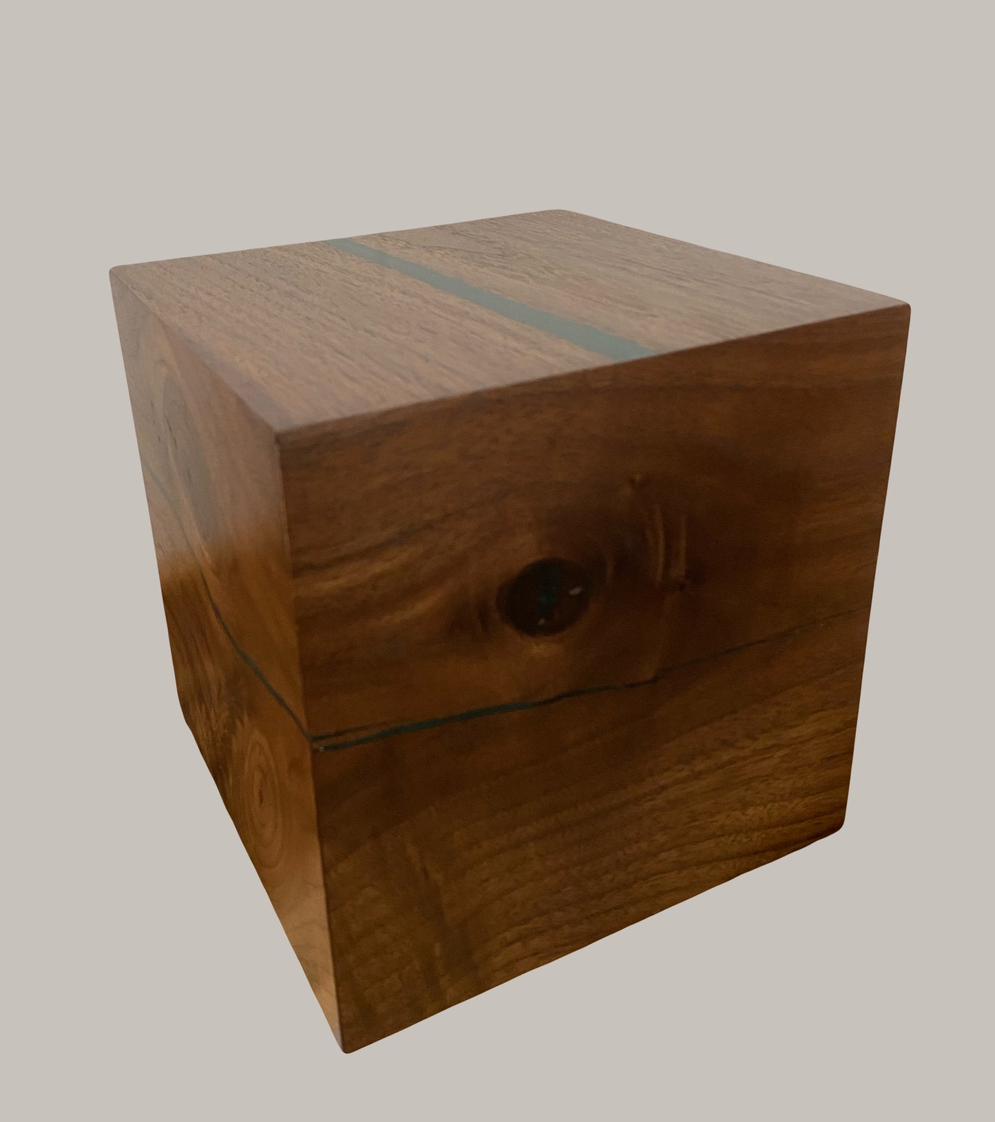 Minimalist Cremation Urn-Black Walnut, green epoxy, imperfect wood, for Adult Human Ashes, up to 150 pounds