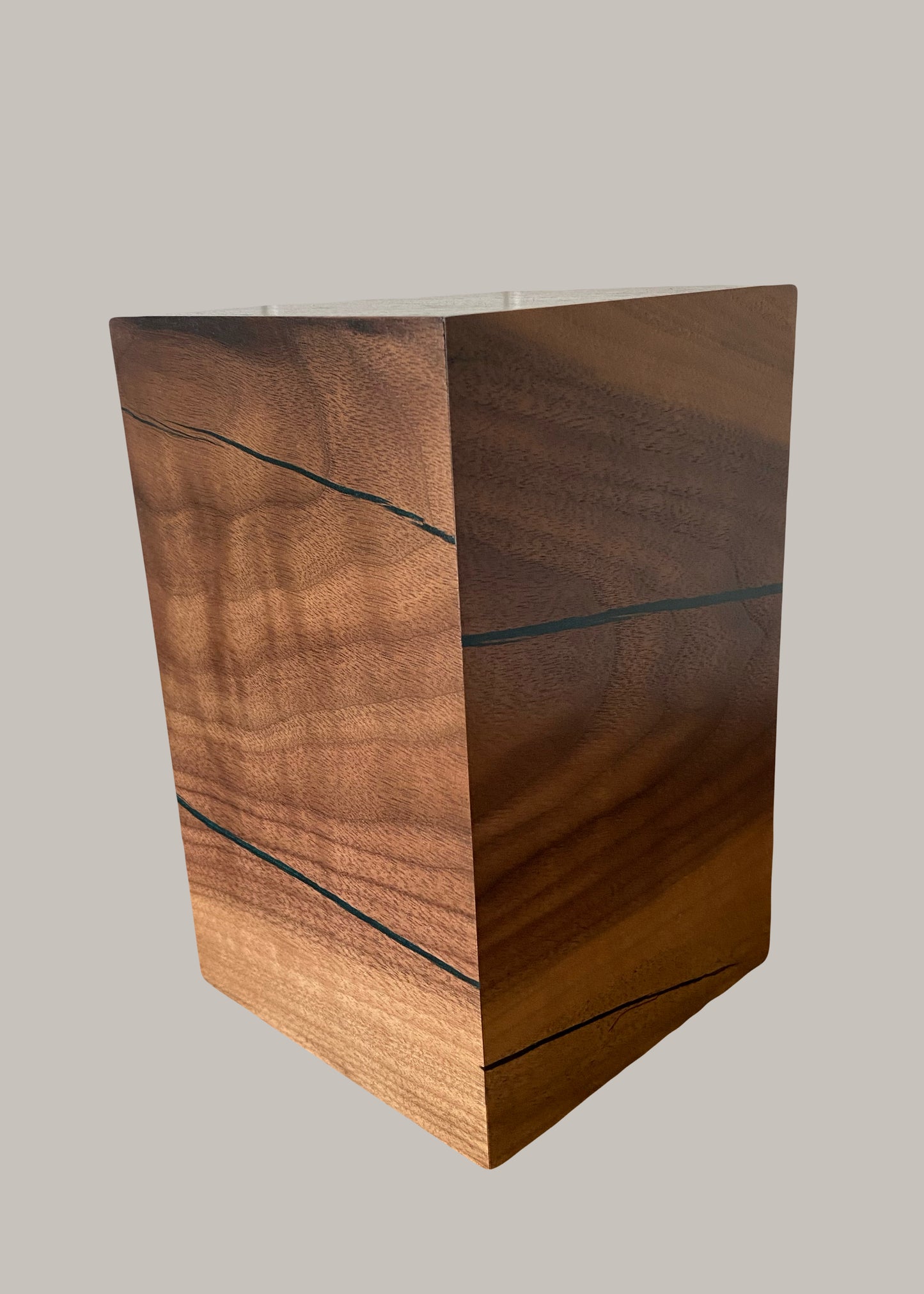 Minimalist Cremation Urn-Black Walnut, blue black epoxy, marbled imperfect wood, up to 70 pounds