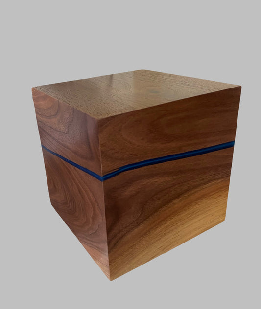 Minimalist Cremation Urn-Black Walnut, blue epoxy, marbled imperfect wood, for Adult Human Ashes, up to 215 pounds