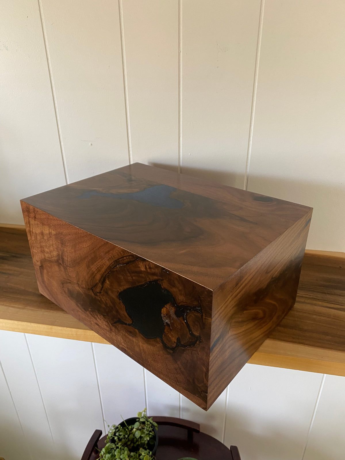 Minimalist Cremation Urn-Black, Walnut, black, green and blue epoxy for Adult Human Ashes, up to 325 pounds