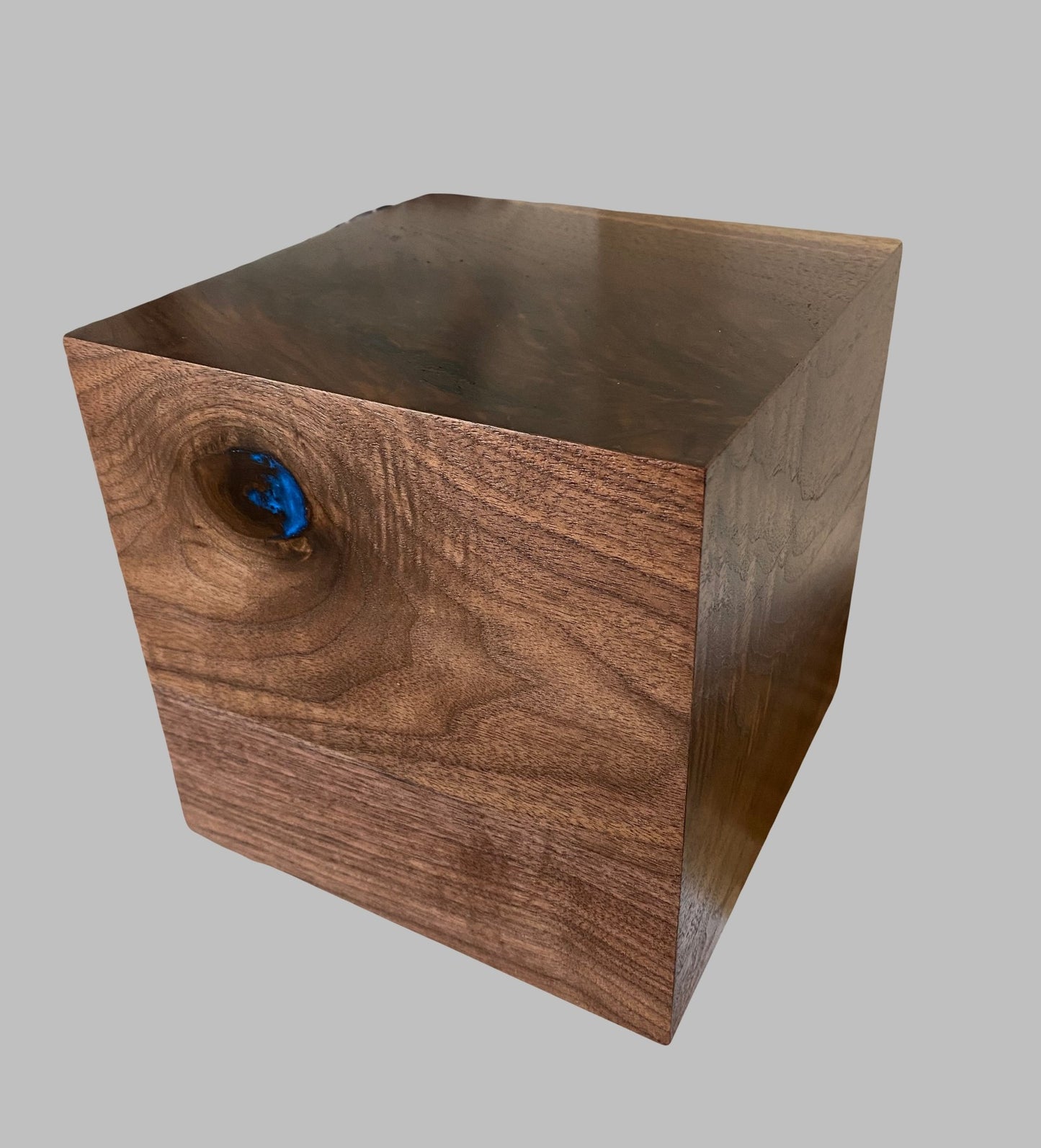 Minimalist Cremation Urn-Black Walnut, blue epoxy, marbled imperfect wood, for Adult Human Ashes, up to 215 pounds