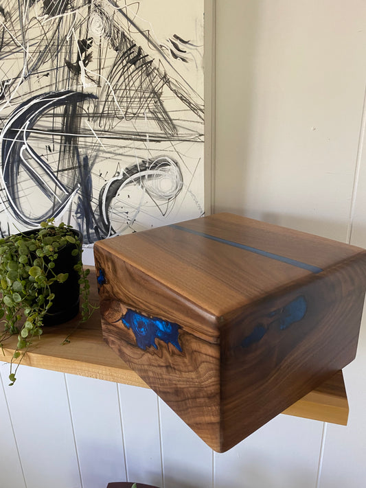 Minimalist Cremation Urn-Black, Walnut with blue epoxy for Adult Human Ashes, up to 200 pounds
