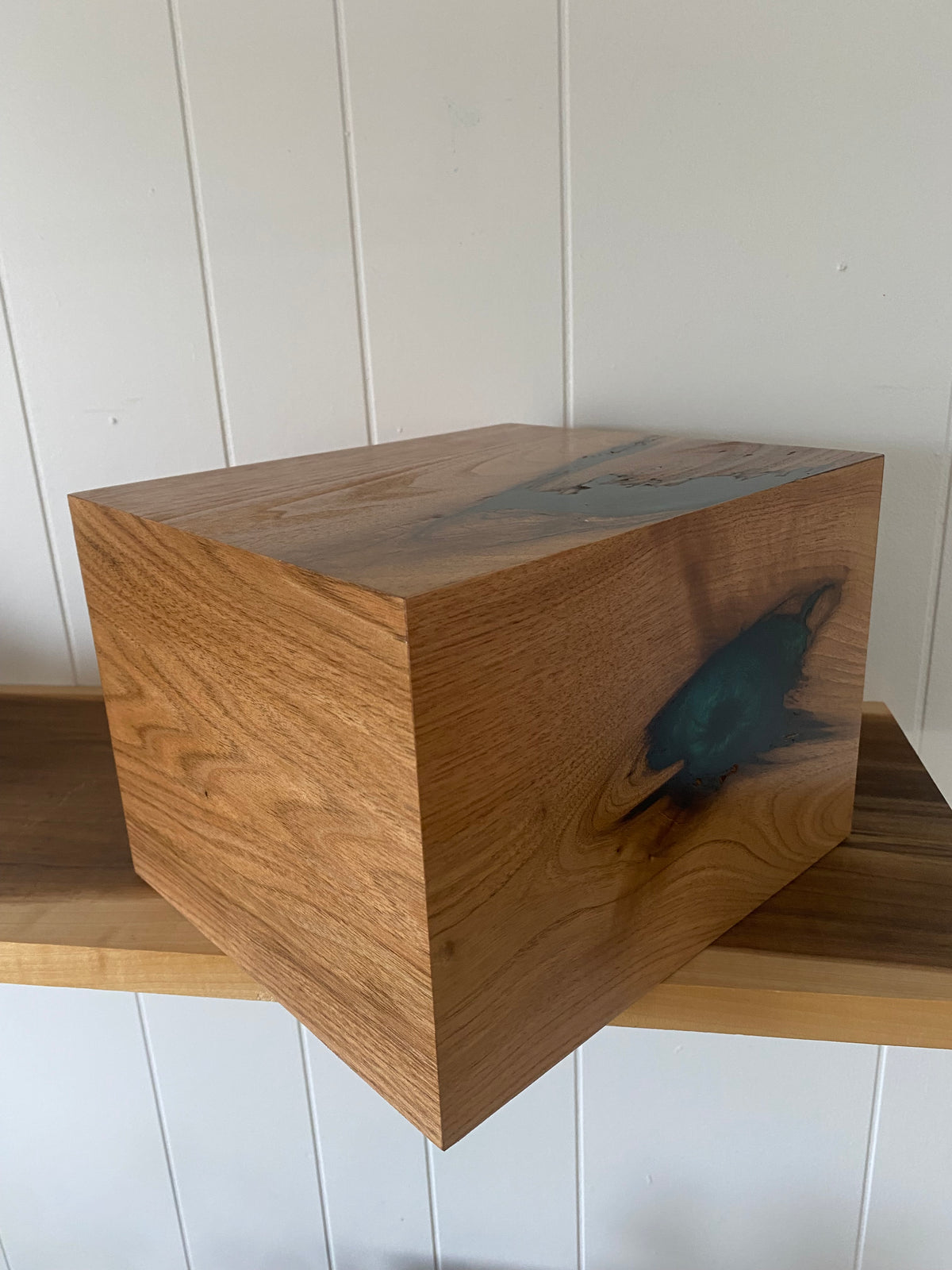 Minimalist Cremation Urn-Butternut, green epoxy for Adult Human Ashes, up to 300 pounds
