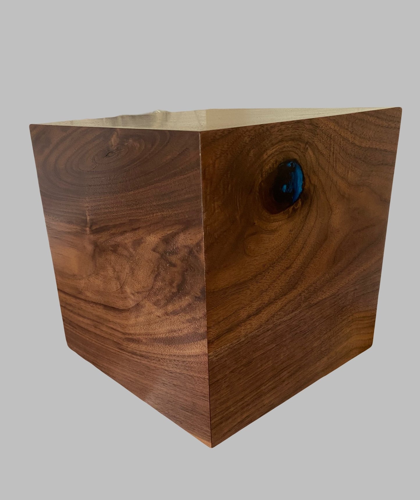 Minimalist Cremation Urn-Black Walnut, blue epoxy, marbled imperfect wood, for Adult Human Ashes, up to 215 pounds