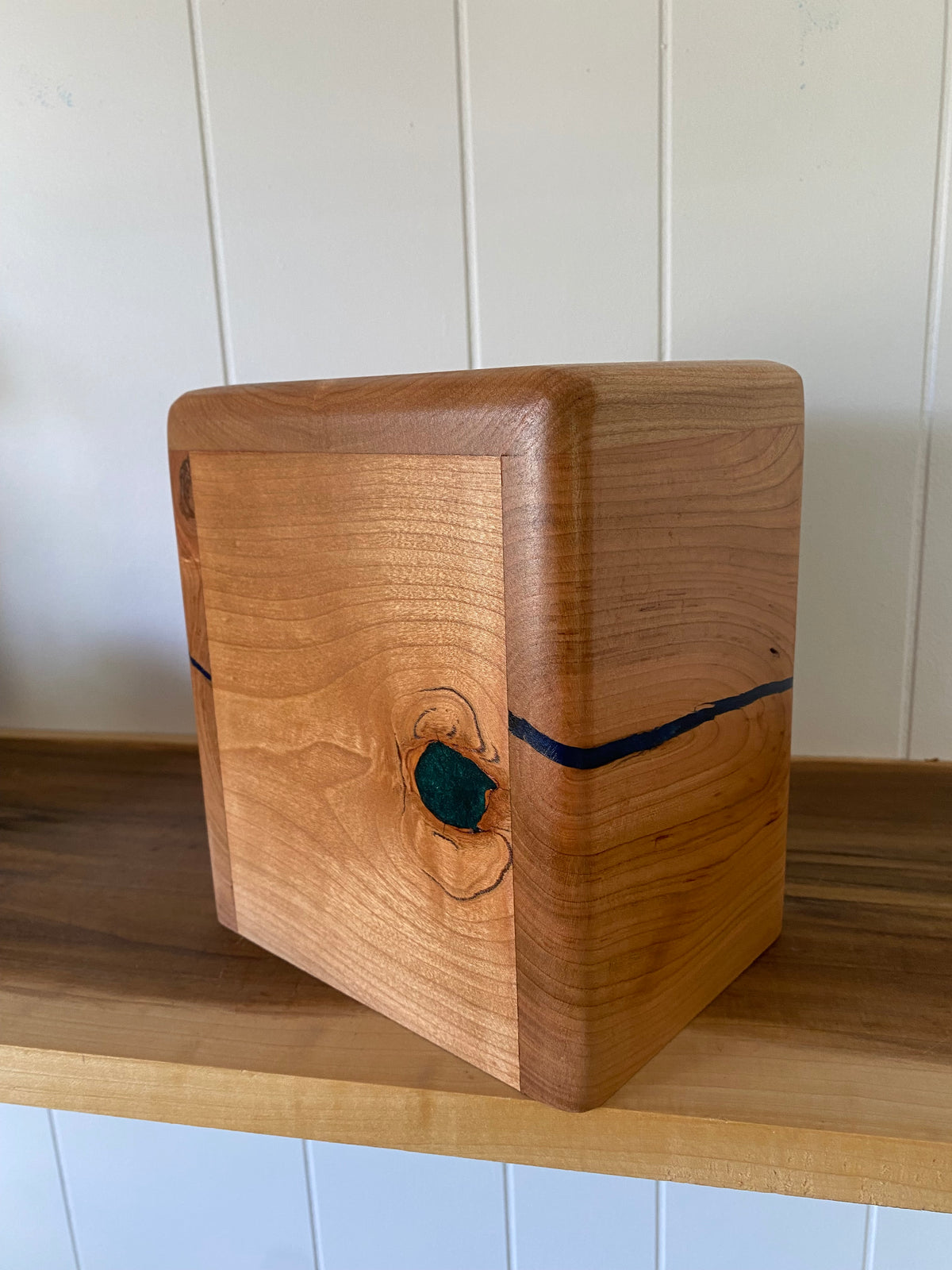 Minimalist Cremation Companion Urn-Cherry with green and blue epoxy, for Ashes, up to 100 pounds