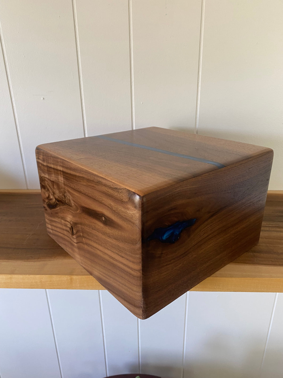 Minimalist Cremation Urn-Black, Walnut with blue epoxy for Adult Human Ashes, up to 200 pounds