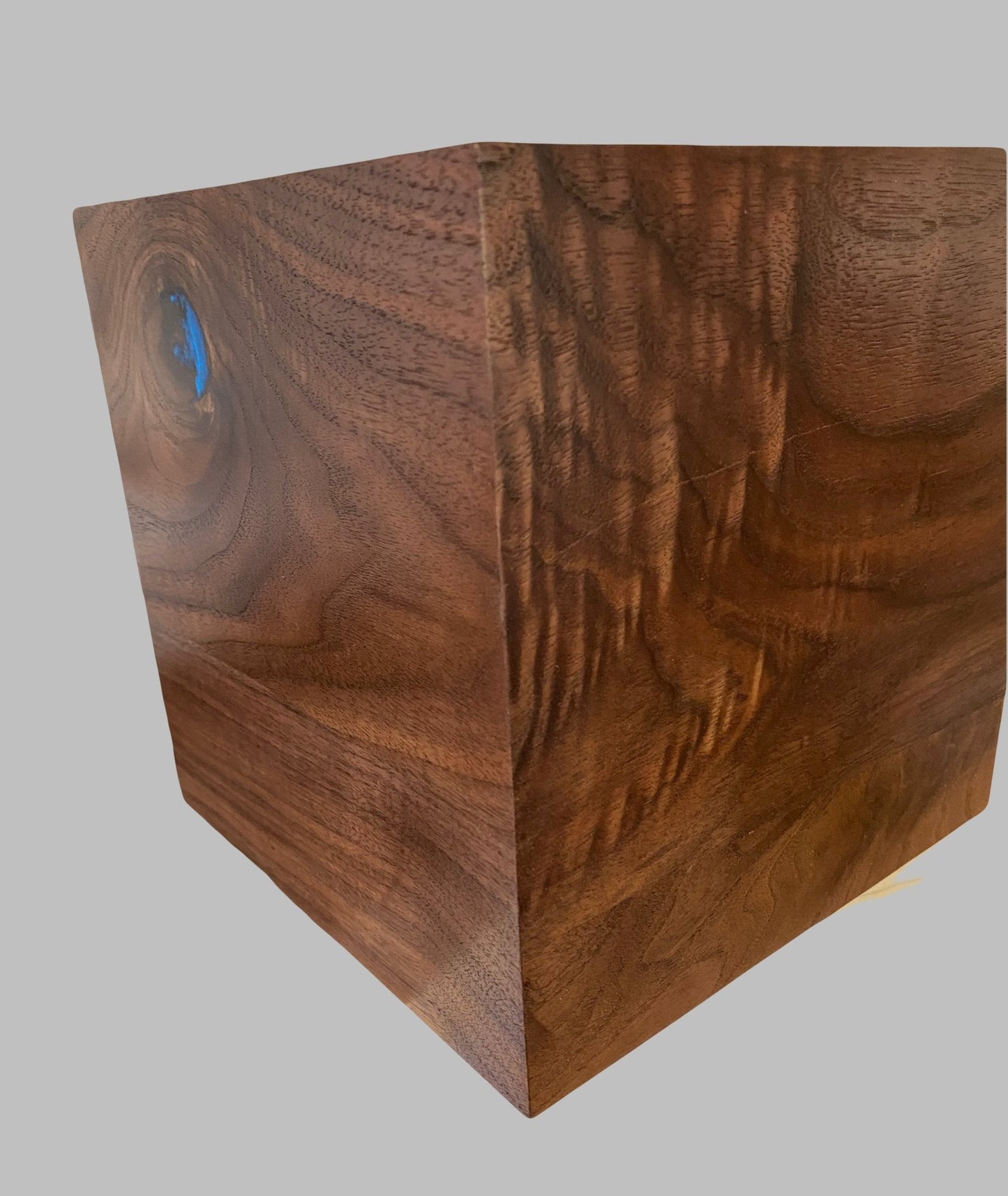 Minimalist Cremation Urn-Black Walnut, blue epoxy, marbled imperfect wood, for Adult Human Ashes, up to 215 pounds