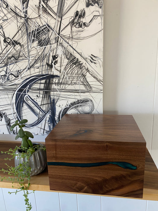 Minimalist Cremation Urn-Black Walnut, blue and green epoxy for Adult Human Ashes, up to 280pounds