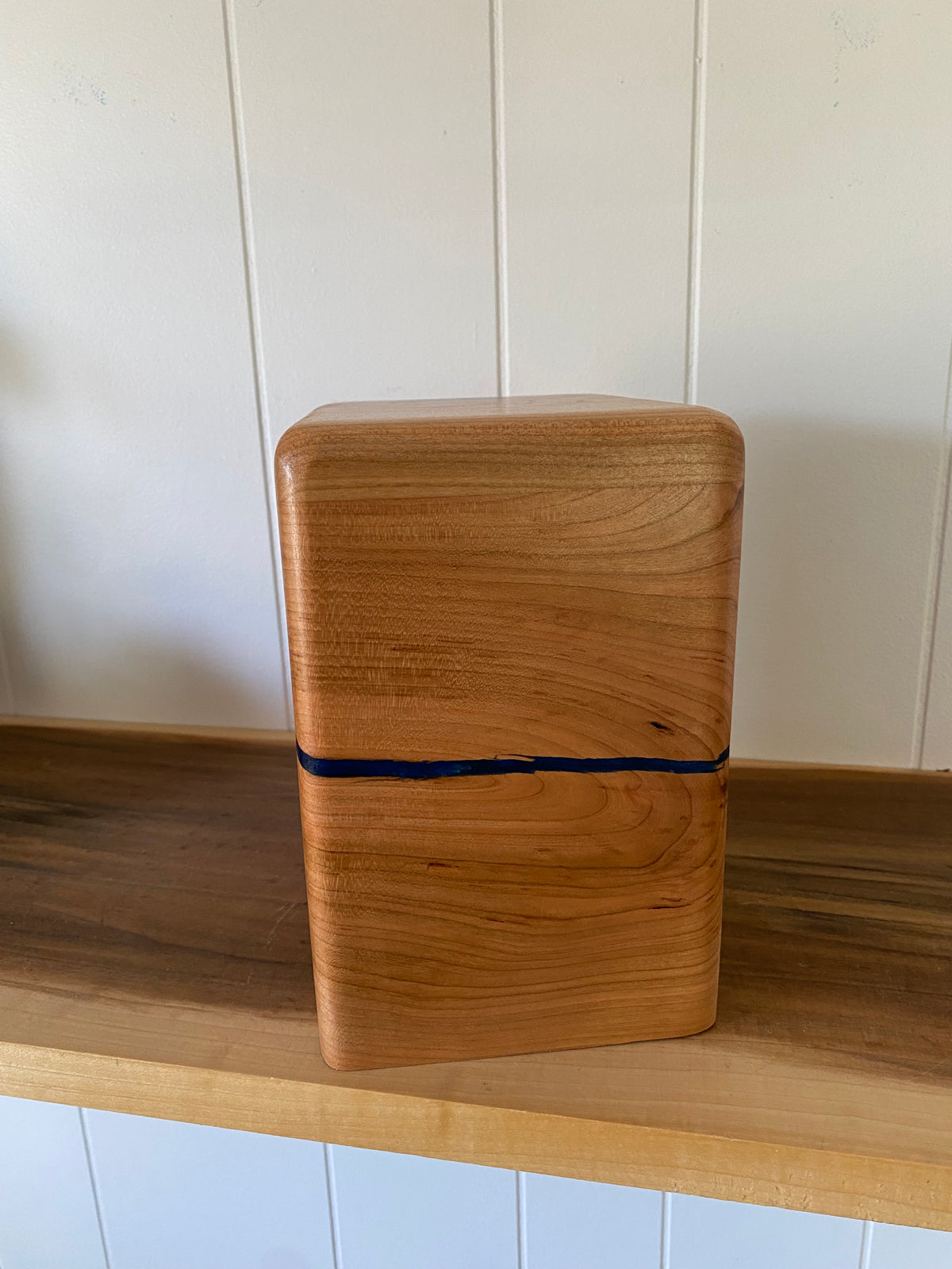Minimalist Cremation Companion Urn-Cherry with green and blue epoxy, for Ashes, up to 100 pounds