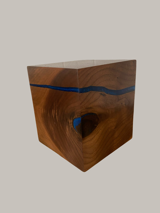 Handcrafted Cremation Urn-Black Walnut, blue epoxy, marbled imperfect wood, for Adult Human Ashes, up to 120 pounds
