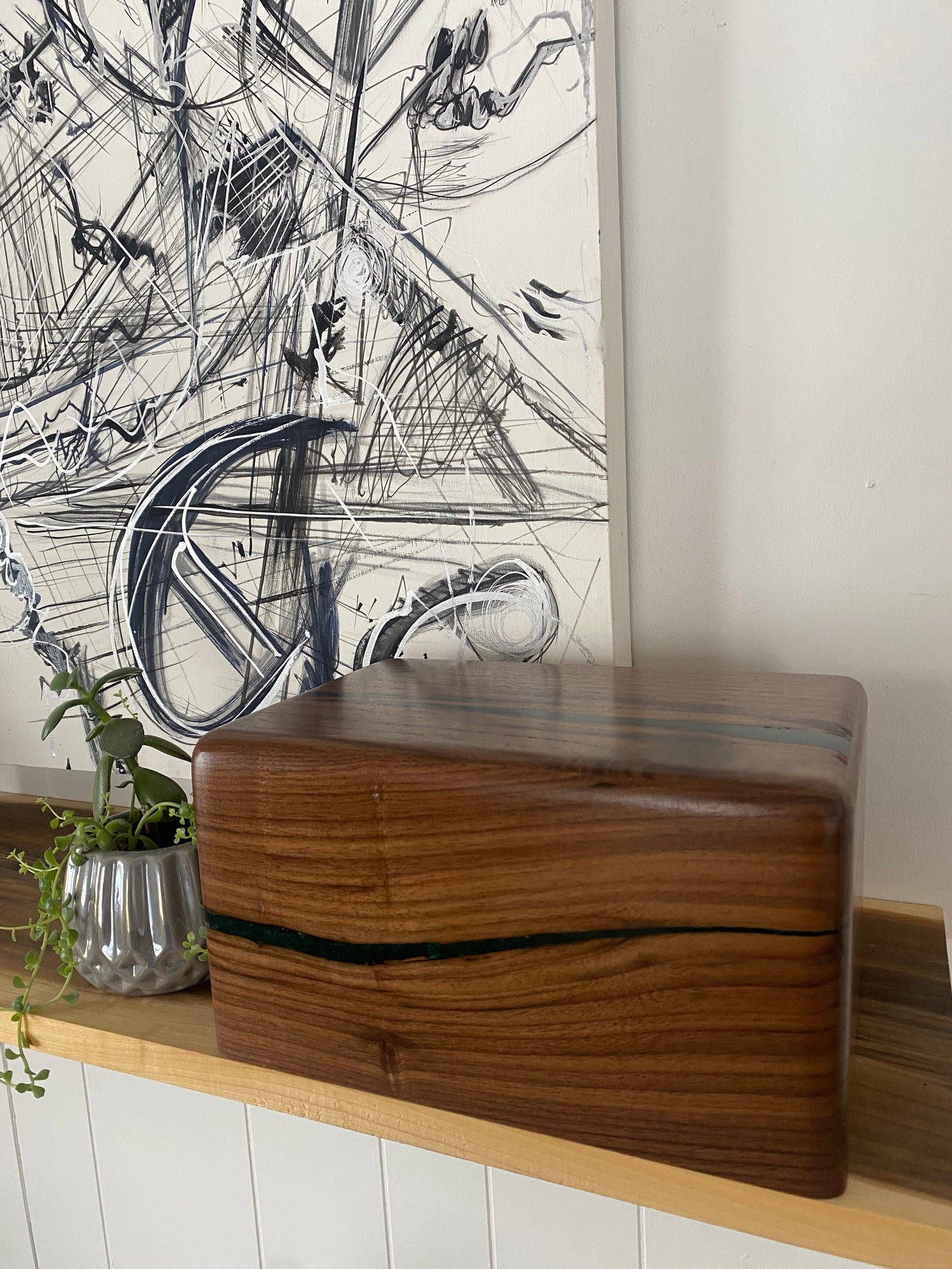 Minimalist Cremation Urn-Black Walnut, green epoxy, imperfect wood, for Adult Human Ashes, up to 250 pounds