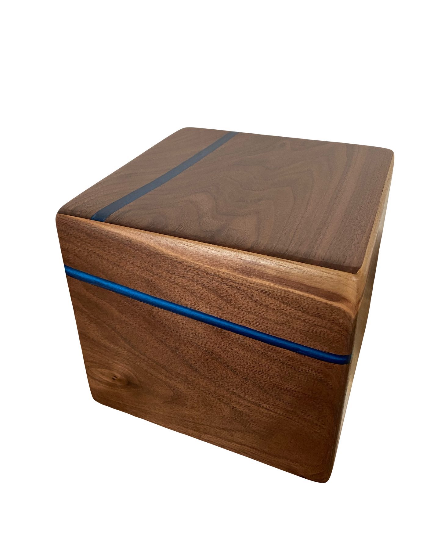 Minimalist Cremation Urn-Black Walnut, blue epoxy, imperfect, bicolored for ashes, up to 365 pounds