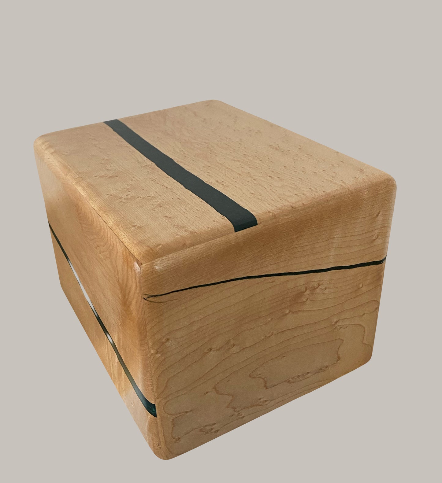 Minimalist Cremation Urn-Birdseye maple, green epoxy, imperfect wood, for Adult Human Ashes, up to 185 pounds