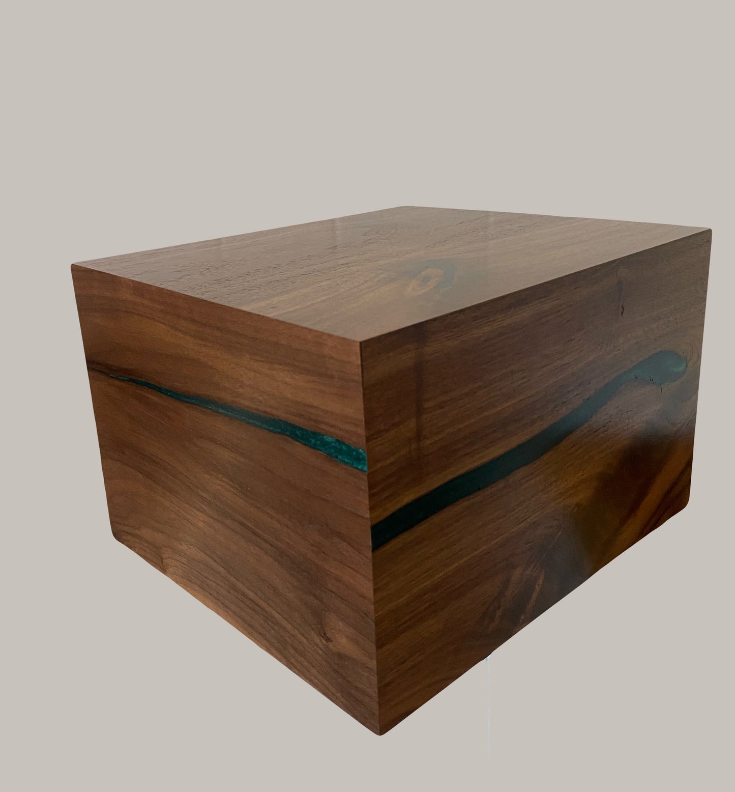 Minimalist Cremation Urn-Black Walnut, blue and green epoxy for Adult Human Ashes, up to 280pounds