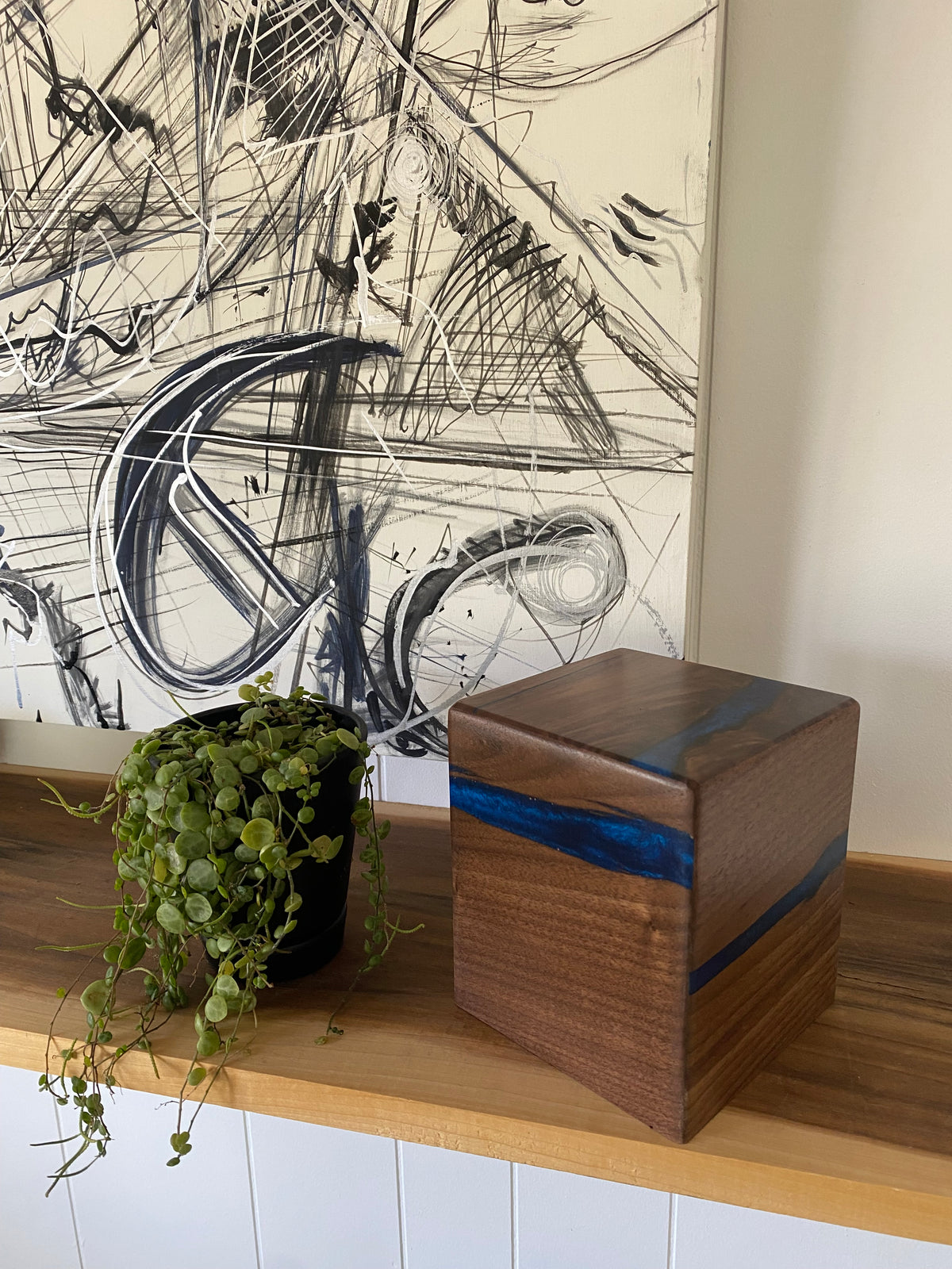 Minimalist Cremation Urn-Black Walnut, blue epoxy for Adult Human Ashes, up to 50 pounds