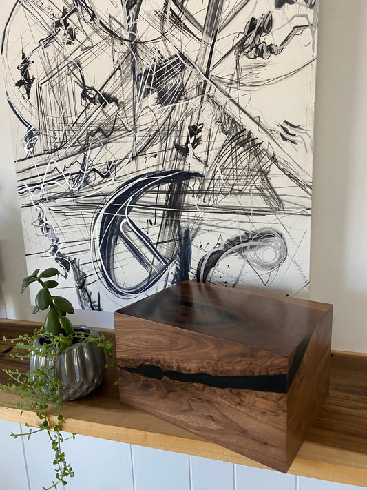 Minimalist Cremation Urn-Black Walnut, black epoxy for Adult Human Ashes, up to 140 pounds