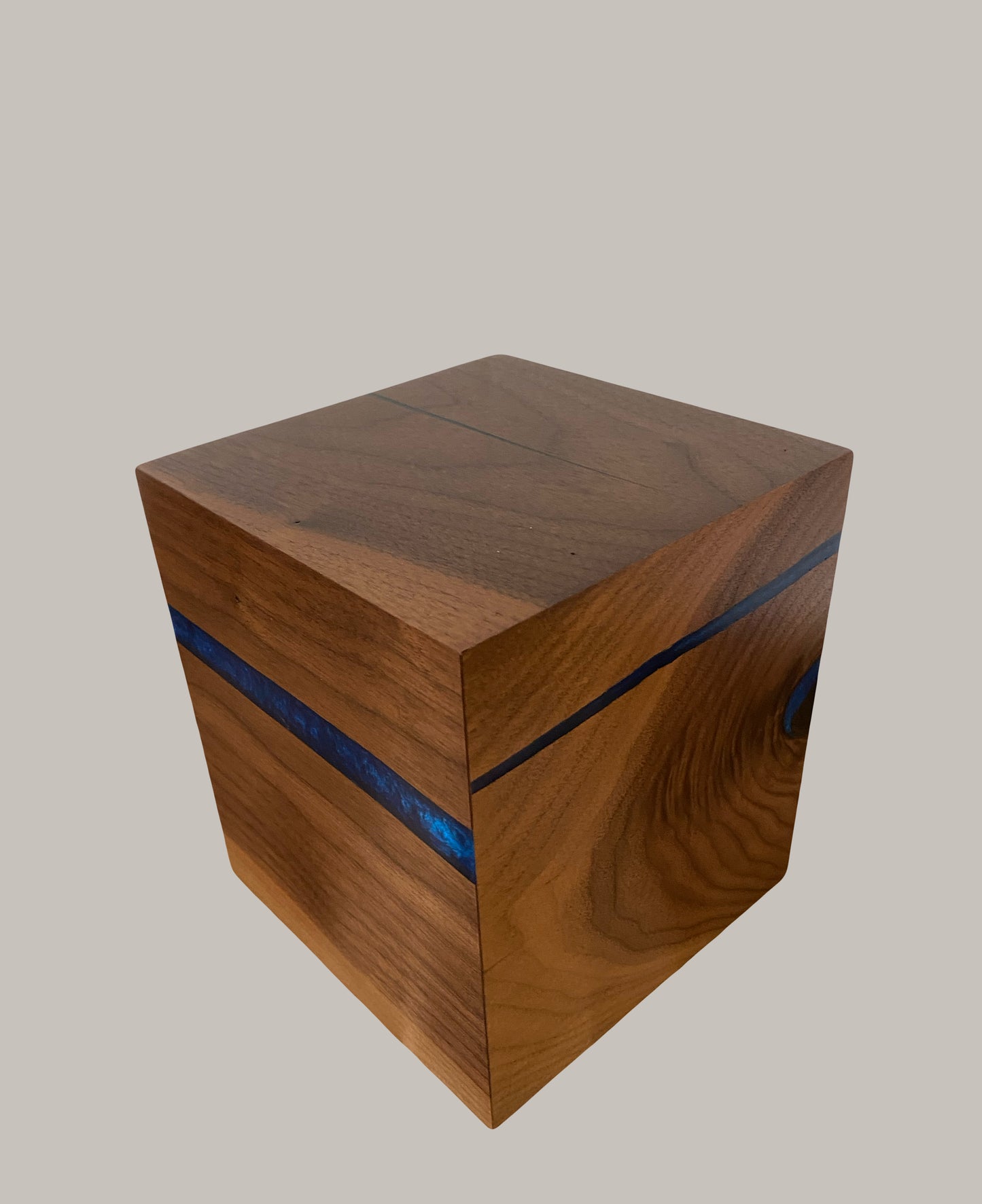 Handcrafted Cremation Urn-Black Walnut, blue epoxy, marbled imperfect wood, for Adult Human Ashes, up to 120 pounds