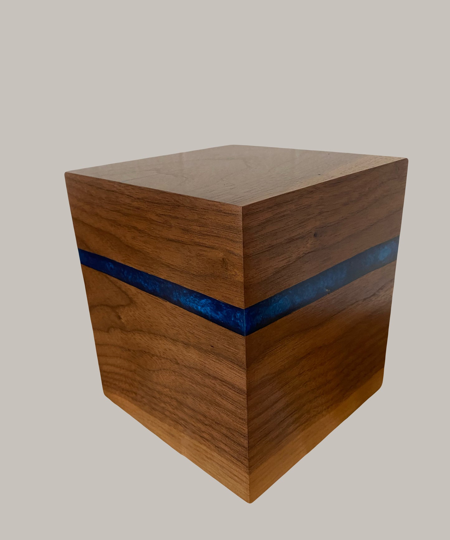 Handcrafted Cremation Urn-Black Walnut, blue epoxy, marbled imperfect wood, for Adult Human Ashes, up to 120 pounds