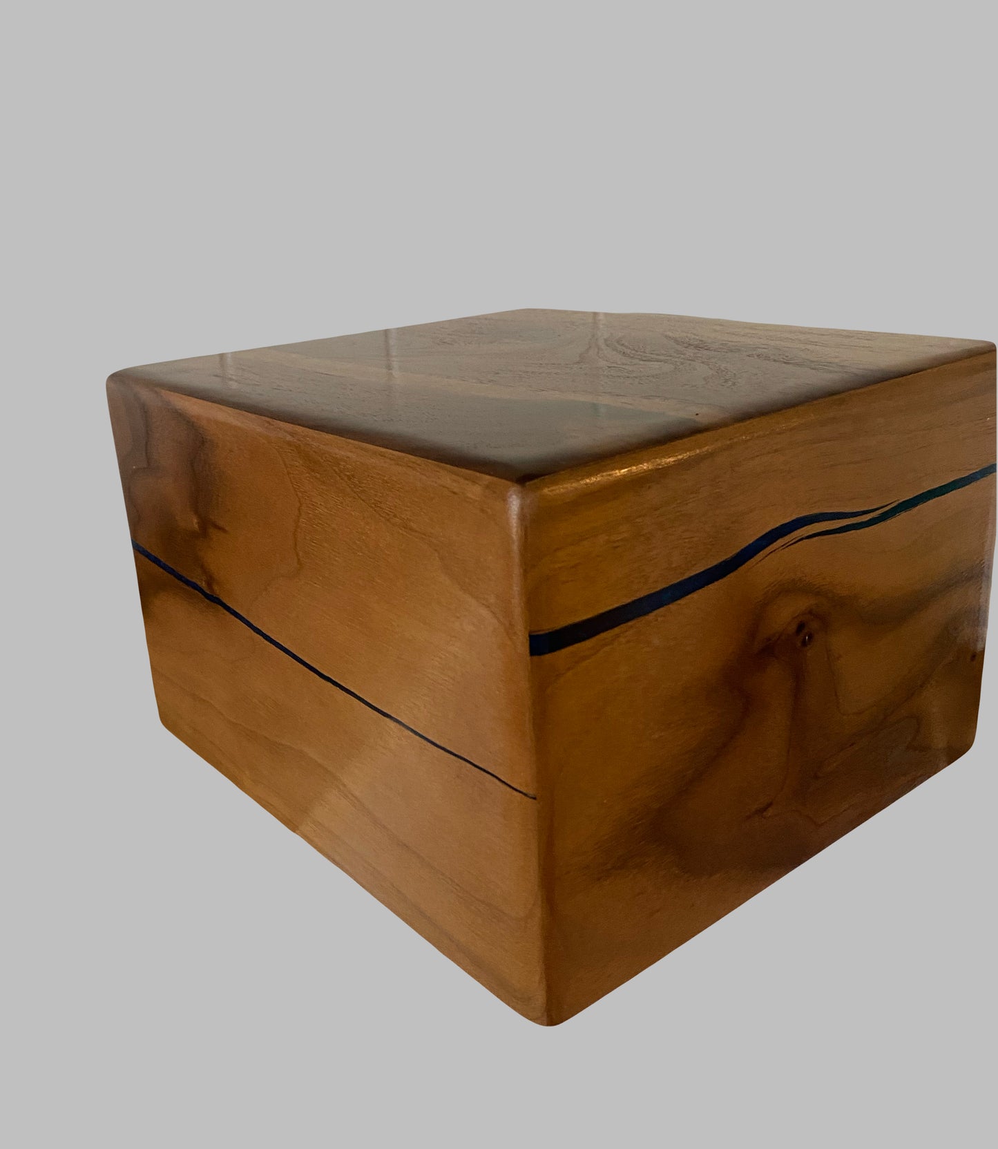 Minimalist Cremation Urn-Black Walnut, blue and green epoxy, bicolored imperfect wood, for Adult Human Ashes, up to 300 pounds