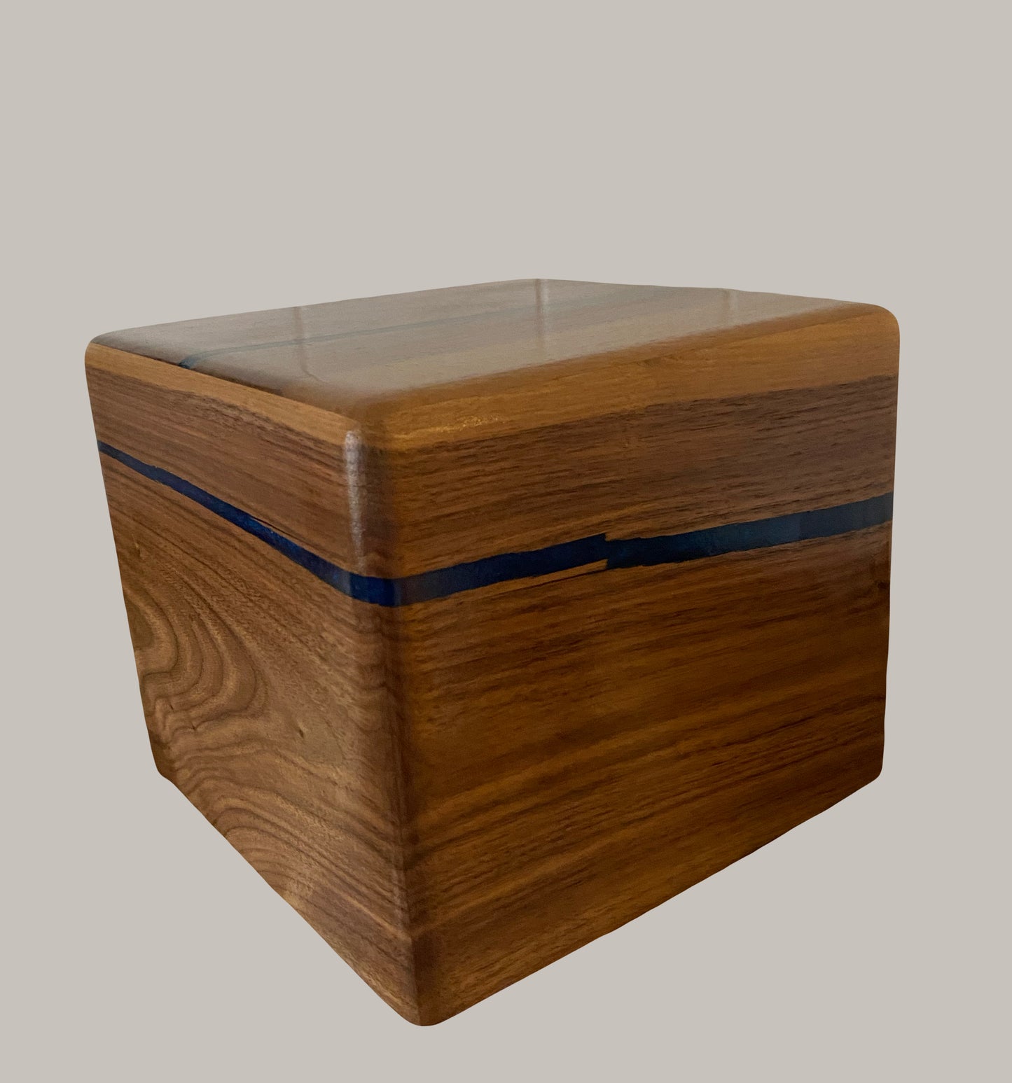 Minimalist Cremation Urn-Black Walnut, blue epoxy, imperfect, bicolored for ashes, up to 230 pounds