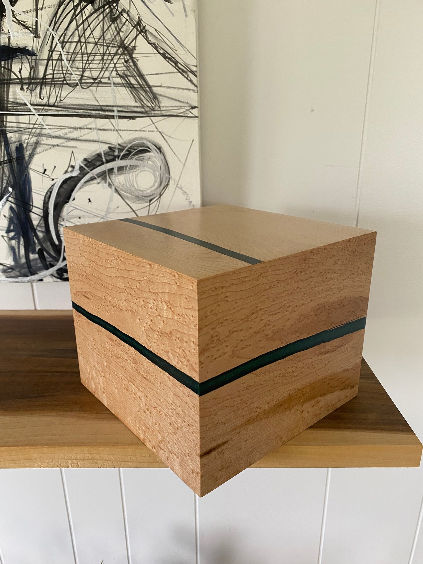 Minimalist Cremation Urn-Birdseye maple, green epoxy, imperfect wood, for Adult Human Ashes, up to 135 pounds
