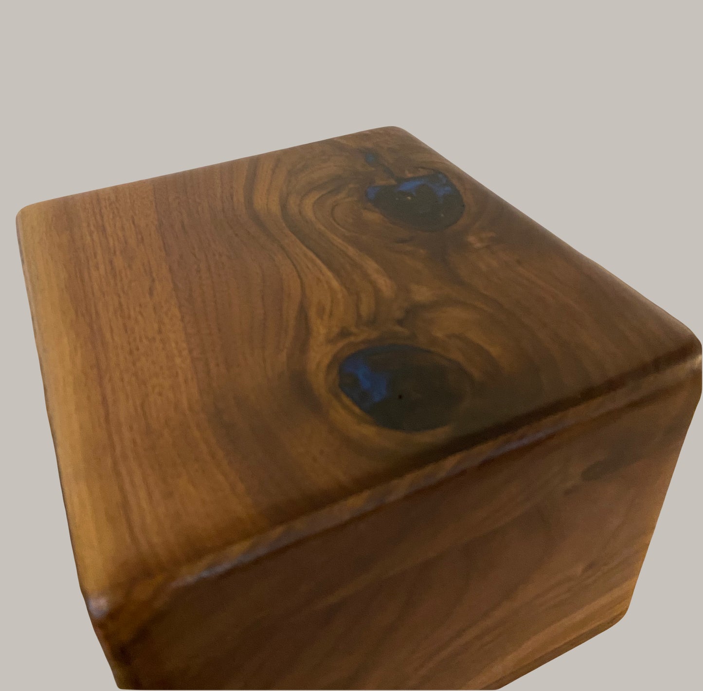 Minimalist Cremation Urn-Black Walnut marbled, blue epoxy, imperfect, knotty for Ashes, up to 230 pounds