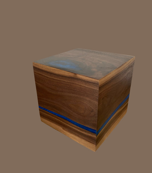 Cube Cremation Urn-Black Walnut marbled, black epoxy, imperfect, knotty for Ashes, up to 165 pounds