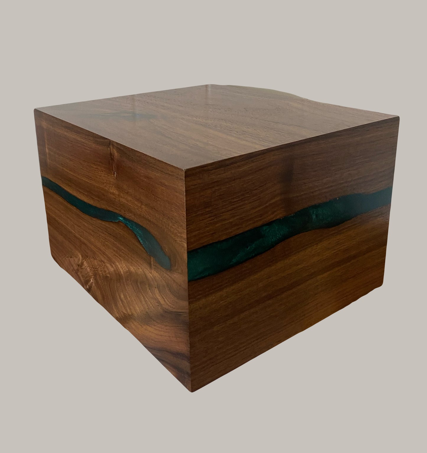 Minimalist Cremation Urn-Black Walnut, blue and green epoxy for Adult Human Ashes, up to 280pounds