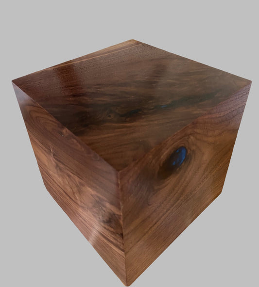 Minimalist Cremation Urn-Black Walnut, blue epoxy, marbled imperfect wood, for Adult Human Ashes, up to 215 pounds